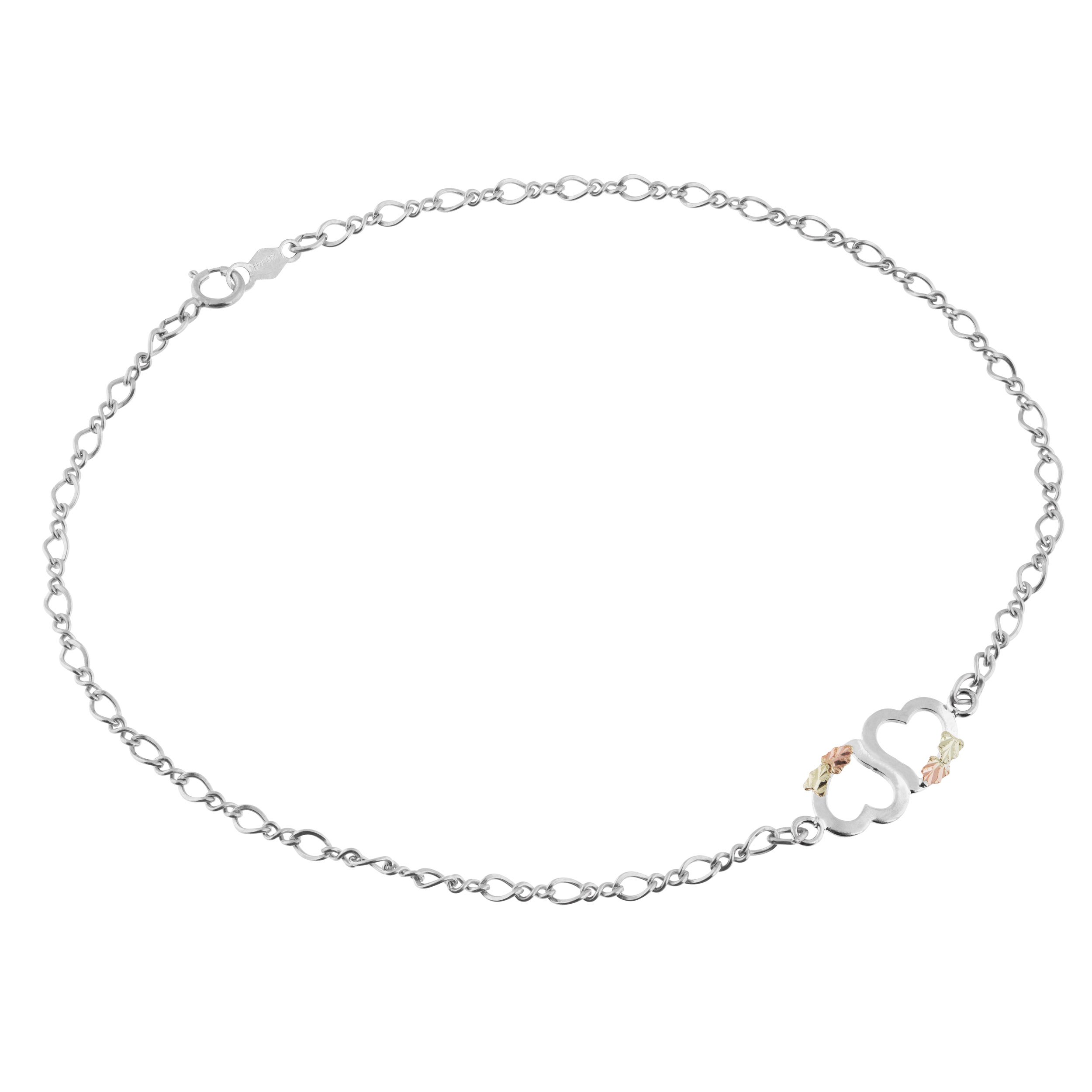 Two Hearts Sterling Silver Ankle Bracelet with 12k Green Gold & Rose Gold - Black Hills Gold Jewelry for Women, Perfect for Weddings, Anniversaries & Romantic Gifts