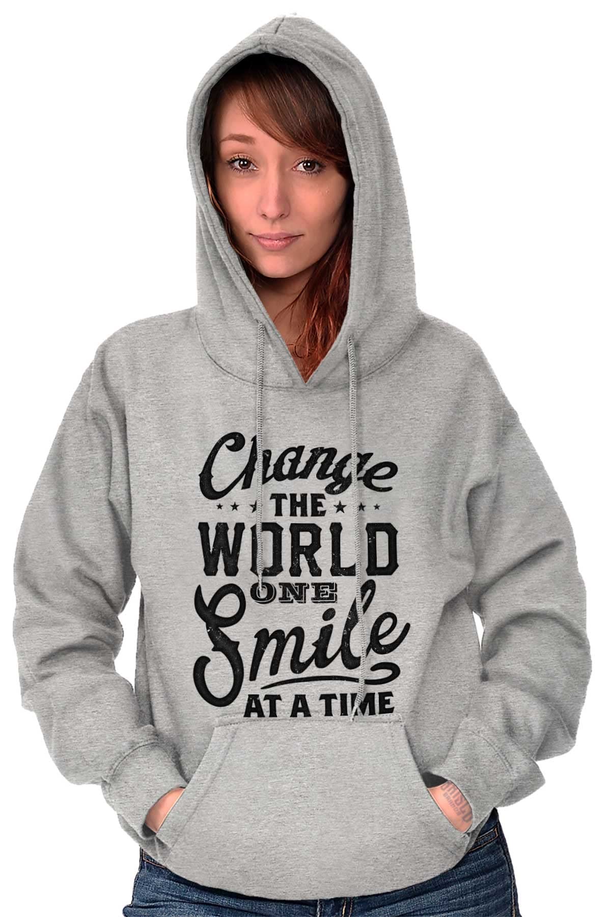 Brisco Brands Inspirational Hoodie Sweatshirt for Women - Change the World One Smile at a Time - Cozy Pullover for Casual Wear, Gym & Outdoor Activities