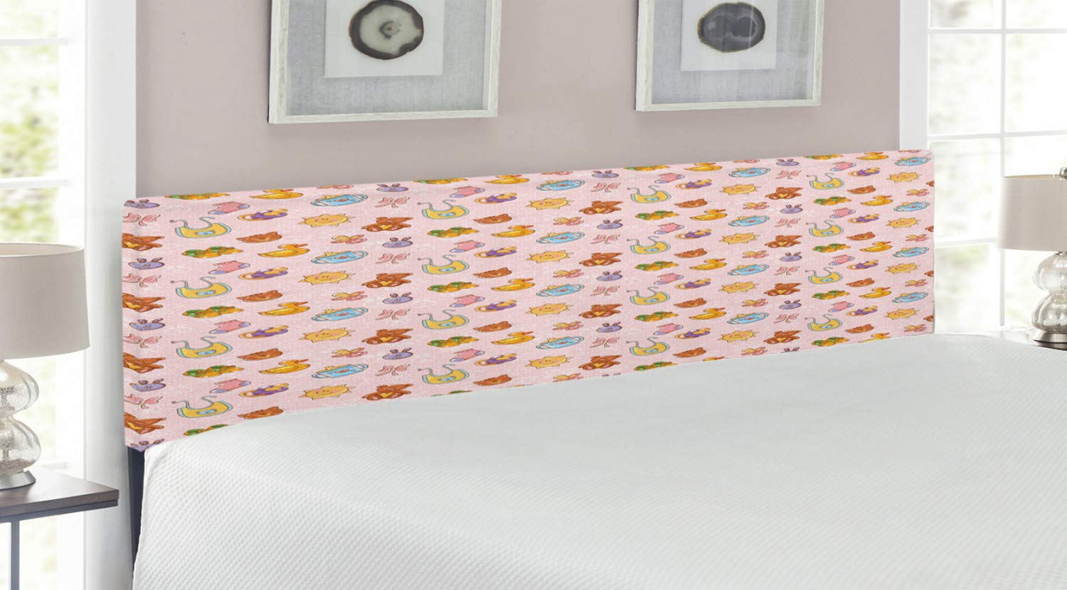 Ambesonne Cartoon Headboard - King Size Upholstered Decorative Metal Bed Headboard with Memory Foam | Teddy Bears, Rubber Ducks & Pacifiers Doodle Design | Perfect for Kids' Bedrooms, Nursery Decor & Playful Home Interiors