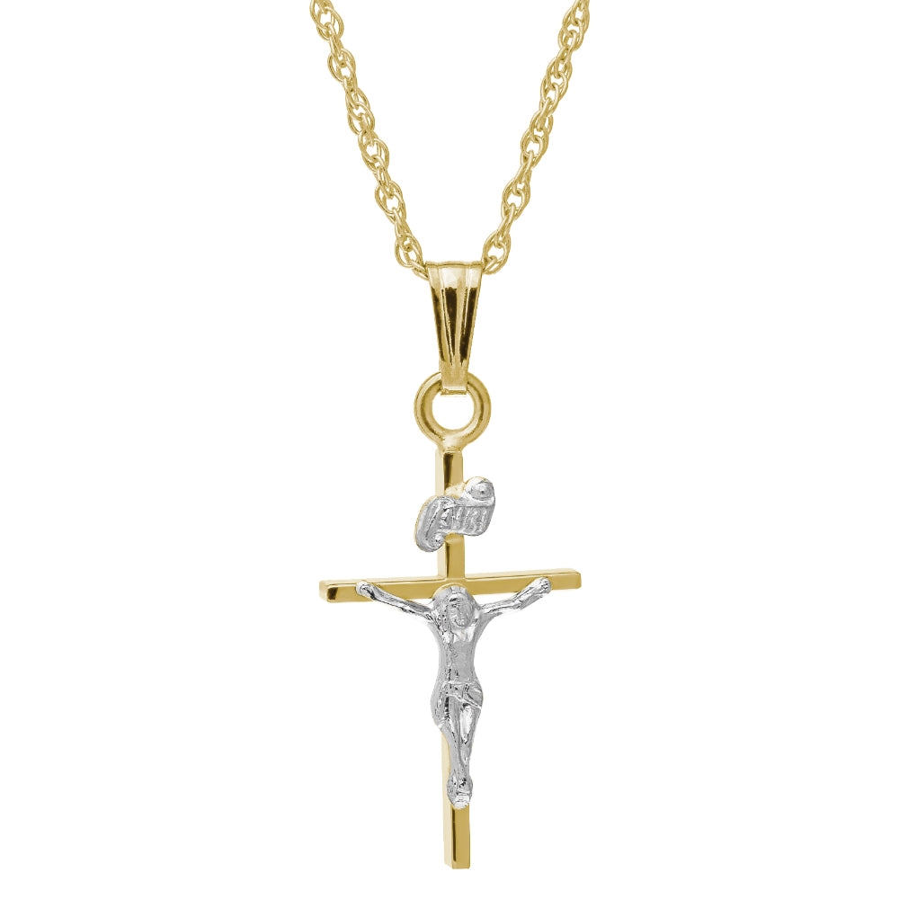 14K Two-Tone Gold Crucifix Pendant Necklace - 18 Inch Religious Jewelry for Women & Men - Perfect for Gifts, Baptism, First Communion & Everyday Wear