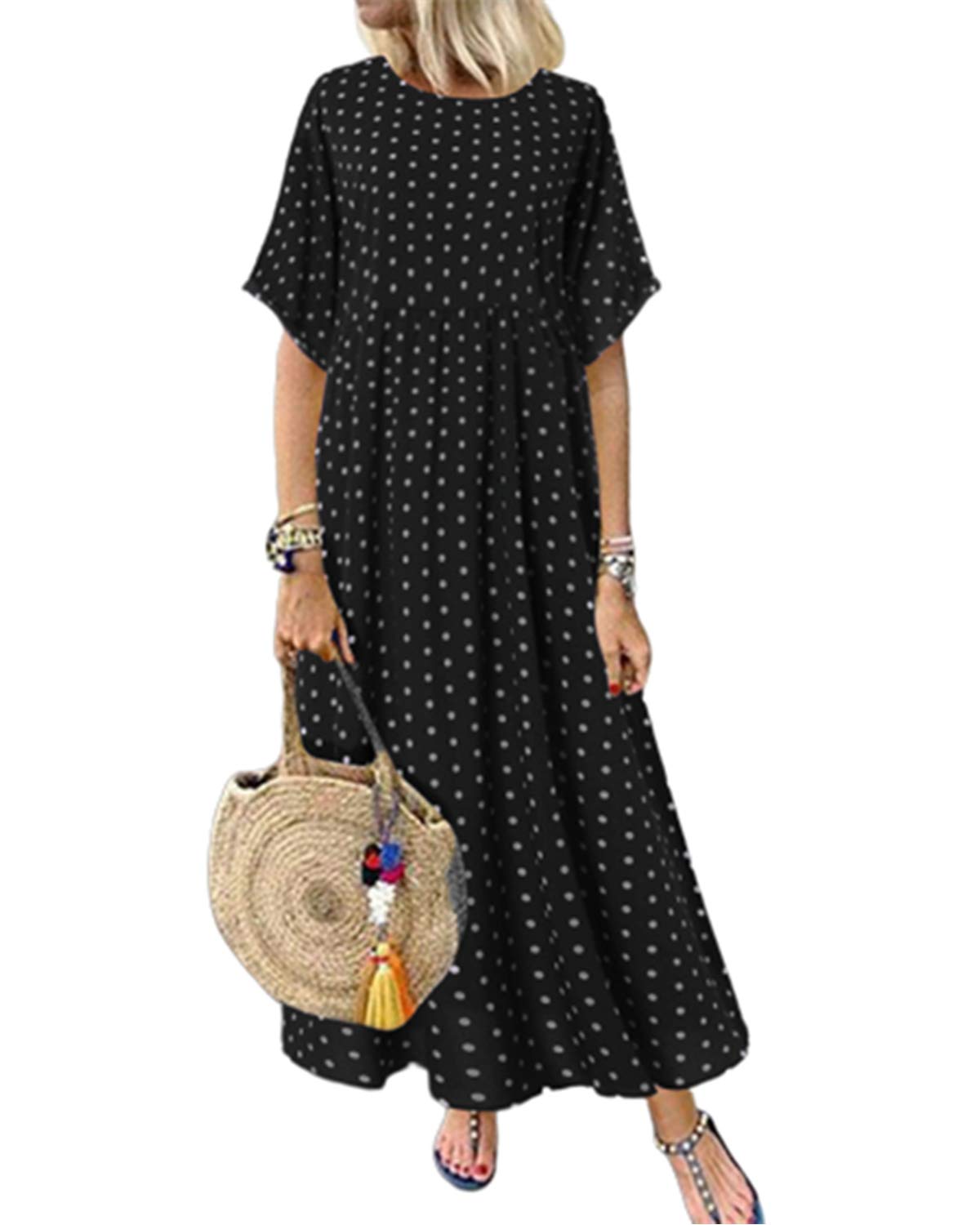 SunnyMe Women's Short Sleeve Polka Dot Maxi Dress - Soft Maternity Summer Beach Dress for Pregnancy, Vacation & Outdoor Activities