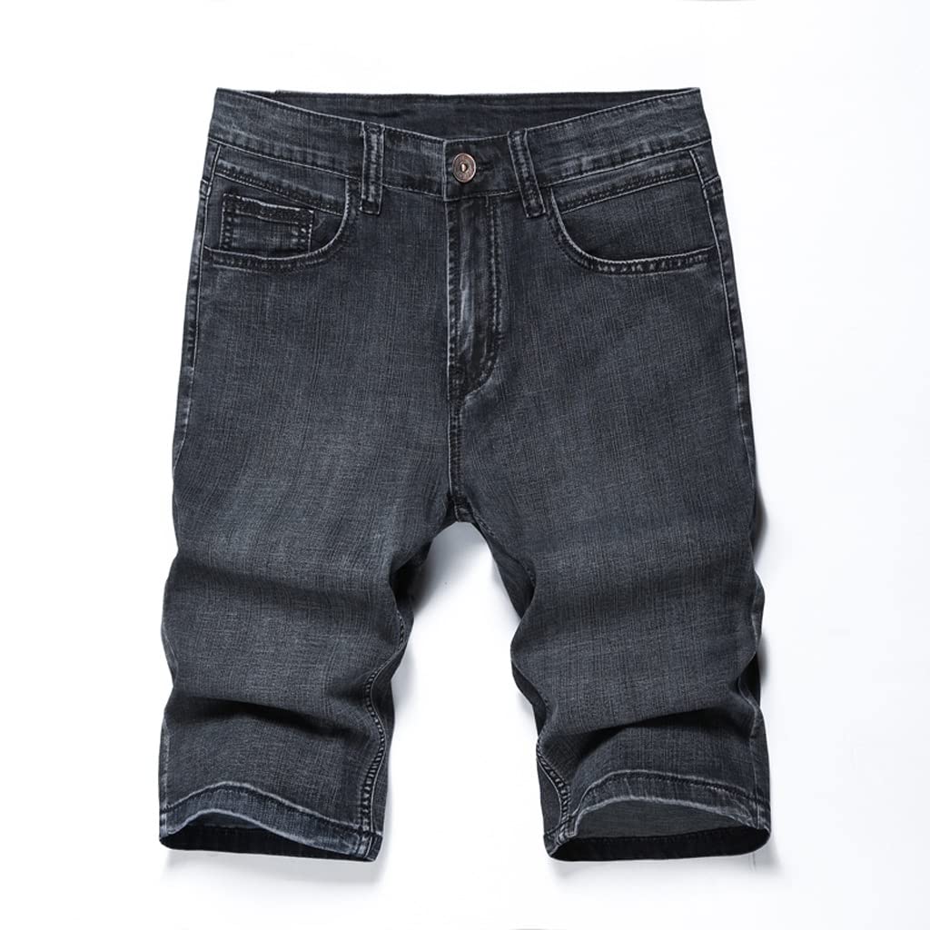 Men's Stretch Denim Shorts - Grey Black Loose Fit Straight Leg Summer Jeans Shorts (Size 28) | Casual Wear, Beach Outings & Weekend Street Style