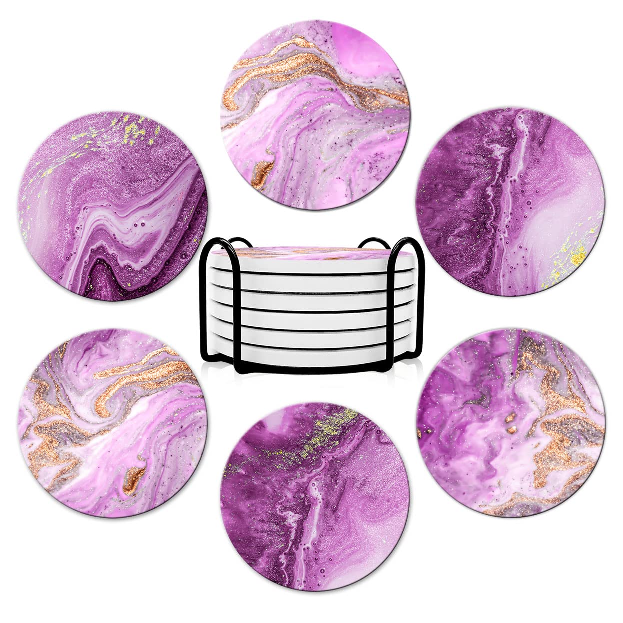 6-Pack Absorbent Ceramic Drink Coasters with Cork Base - Funny Purple Round Coasters for Wine, Mugs & Cups (4 Inches) - Perfect for Home, Office & Party Tabletop Protection