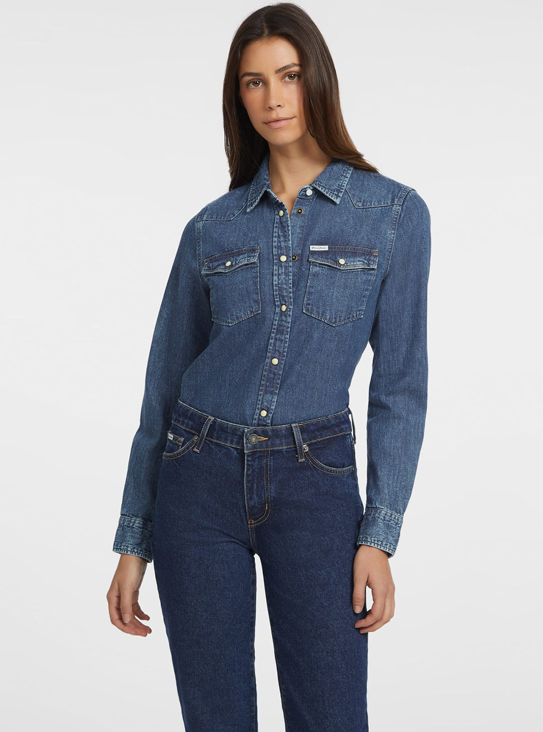 Guess Women's Blue Slim Fit Denim Shirt - Casual Long Sleeve Button Down Top for Everyday Wear & Layering