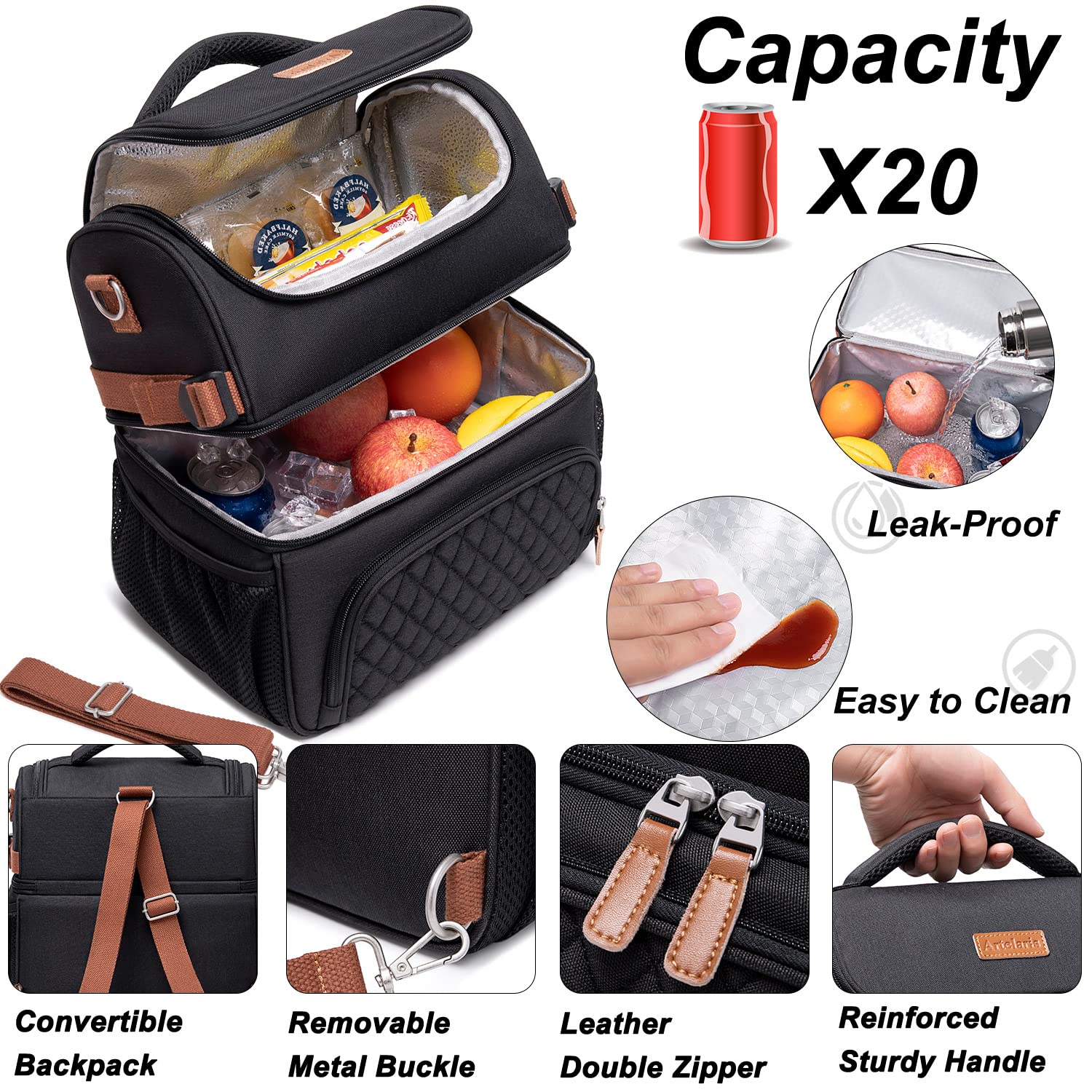 Artelaris Large Insulated Lunch Bag for Men & Women - Leak Proof Double Compartment Cooler Tote for Work, School & Picnics - Black & Grey Lunch Box with Dual Deck Design