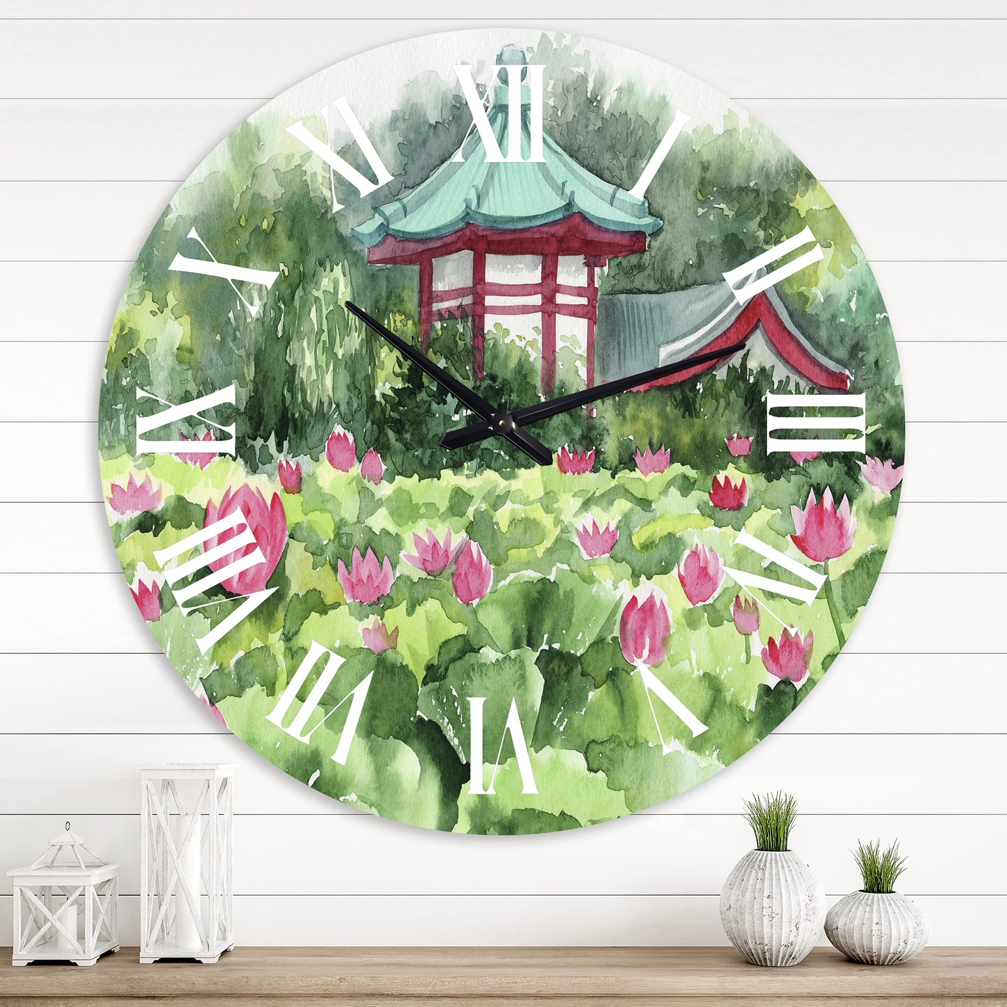 DesignQ Traditional Wall Clock 'Lotus Lake and Pagoda' - Large Landscape Nature Wall Clock for Home & Office Decor - Perfect for Living Room, Bedroom, or Study Area