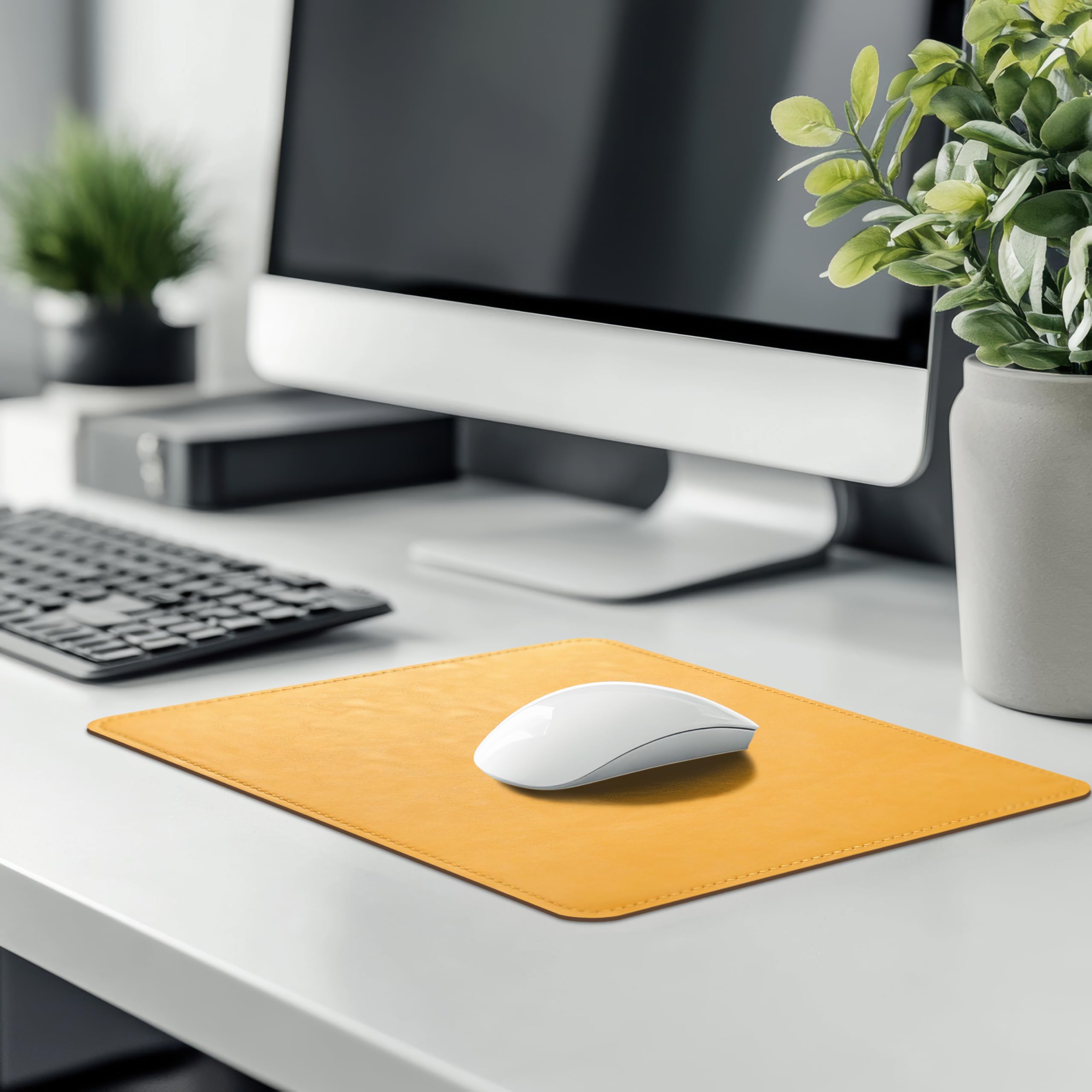 Premium PU Leather Mouse Pad with Stitched Edge - Non-Slip Microfiber Base, Waterproof Desk Mat for Computer & Laptop (8x11 Inch, Light Yellow) - Ideal for Office, Gaming & Home Workspaces
