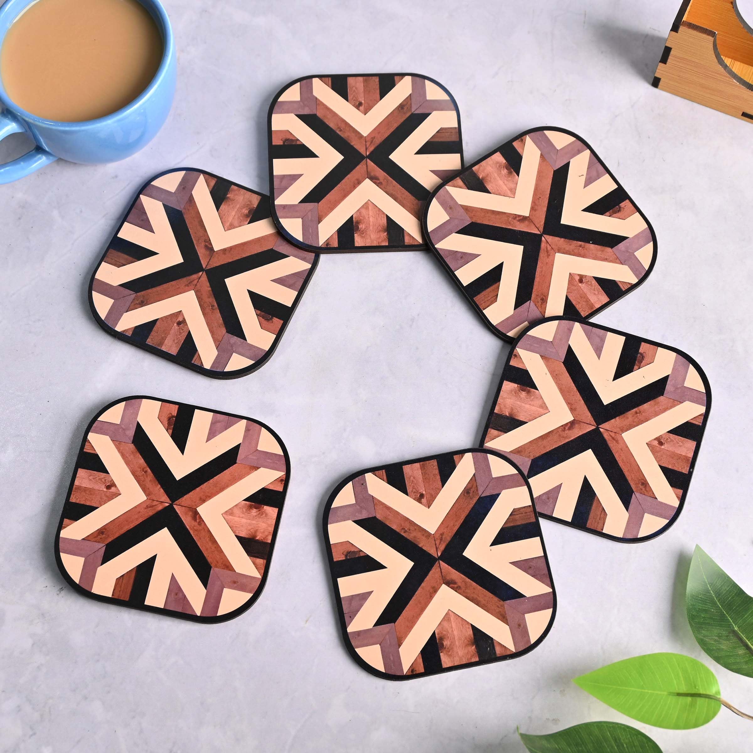 GKD Set of 6 Chevron Pattern Wooden Coasters - 3.8 x 3.8 Inch Square Drink Coasters for Coffee, Tea & Glasses - Eco-Friendly Home Decor for Dining Table, Office Desk & Kitchen Counter