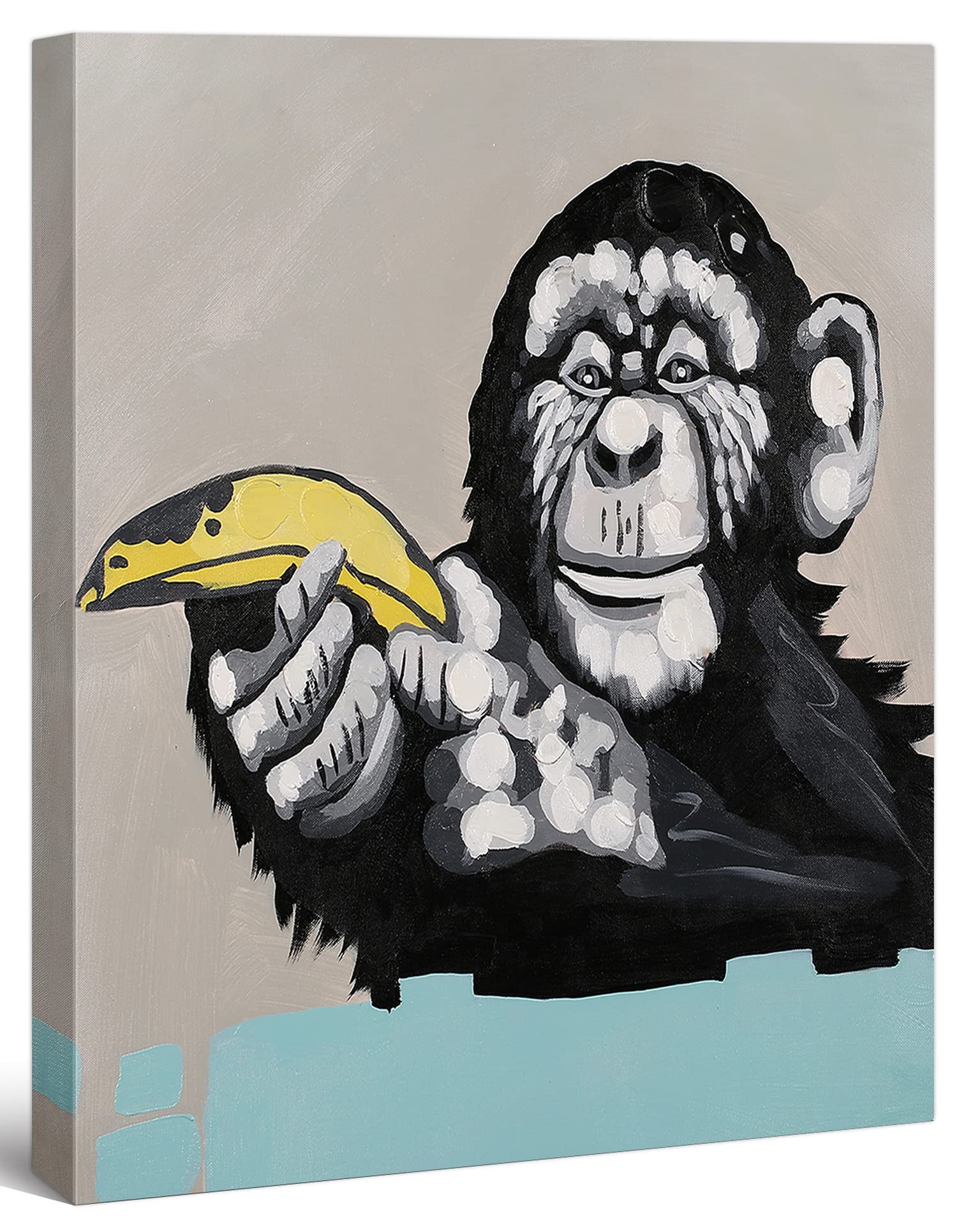 Modern Pop Art Framed Canvas Print - Banana Monkey Animal Wall Decor for Living Room, Bedroom & Office - 7x9 Inches Gallery Wrap Inner Frame - Unique Home Art Gift for Animal Lovers