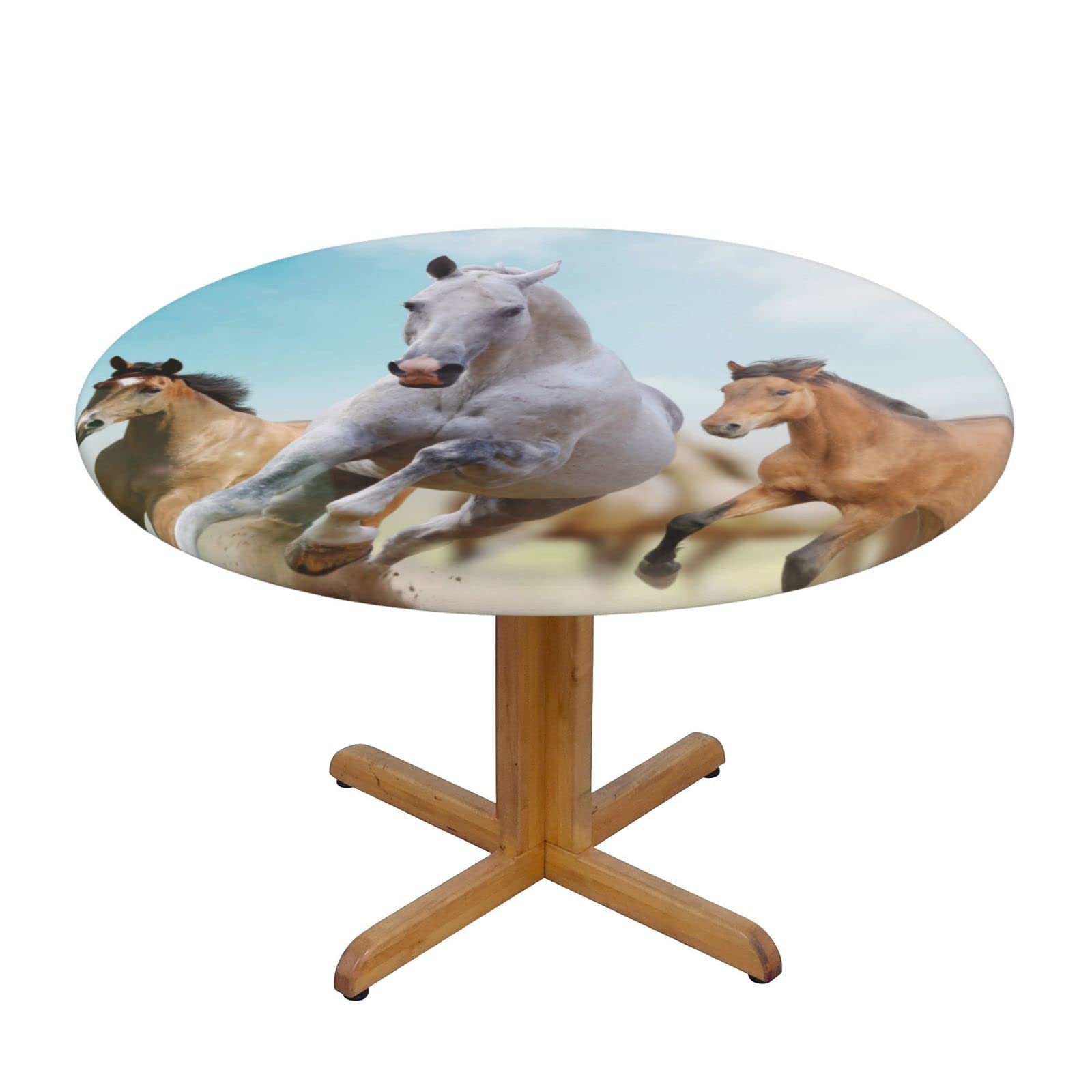 Elastic Waterproof Round Tablecloth - Wipeable Fitted Table Cover for Indoor & Outdoor Use, Horse Design, Medium Size - Perfect for Picnics, Parties, and Dining Decor