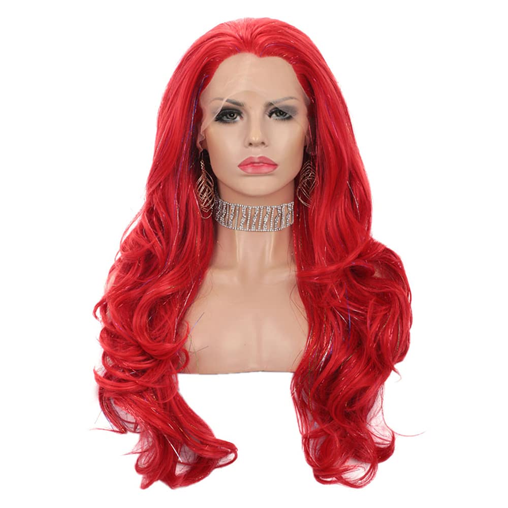 Red Tinsel Wigs for Women - Long Wavy Synthetic Lace Front Wig with Sparkle Hair | Perfect for Halloween, Cosplay & Party Costumes