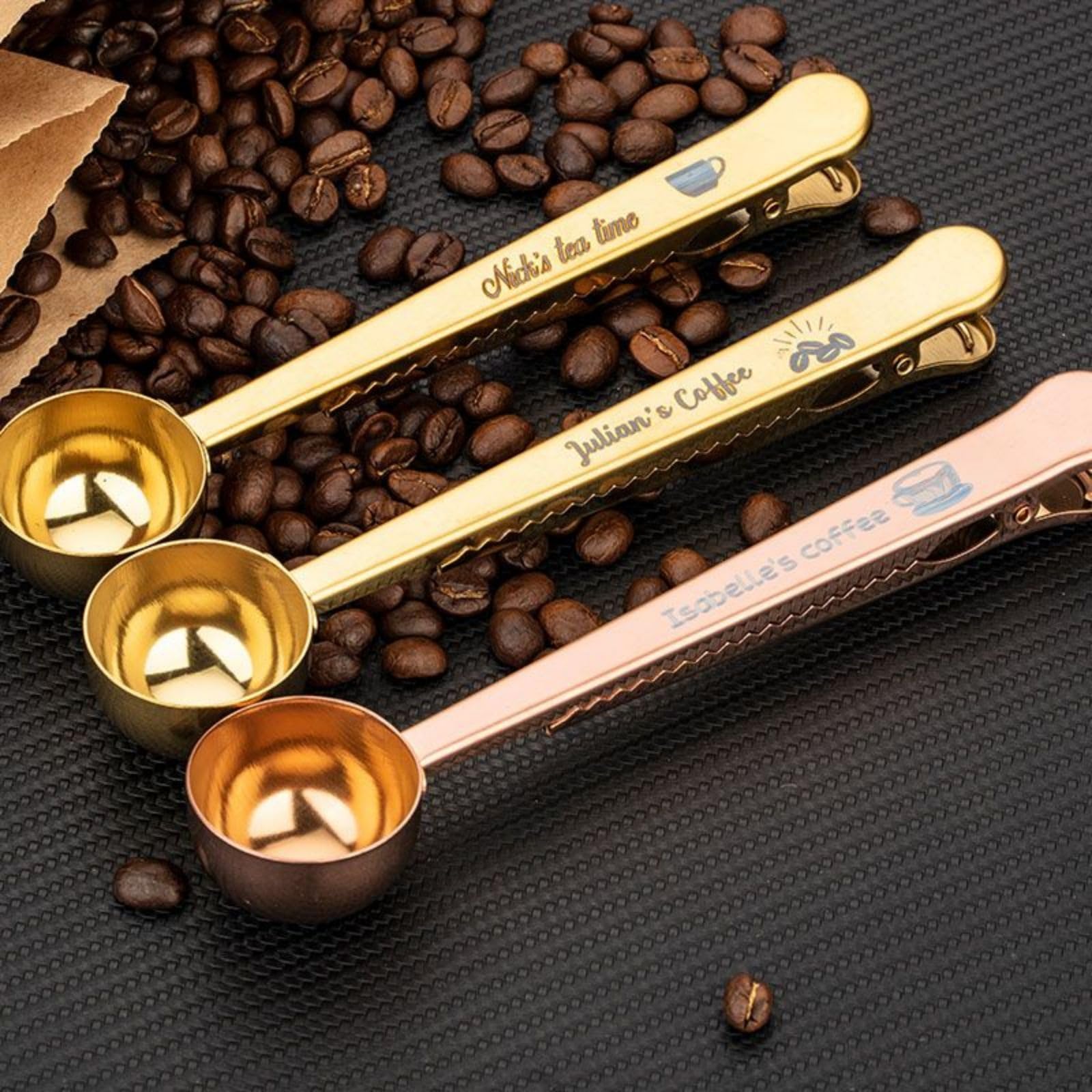 Custom Engraved Coffee Scoop with Clip - Personalized Coffee Measuring Spoon for Kitchen & Travel - Perfect for Home Baristas, Camping & Gifts