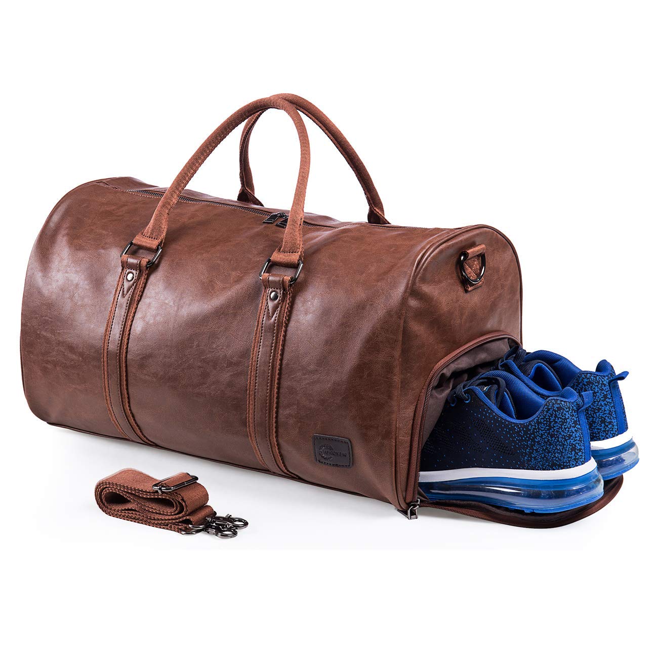 Premium Leather Travel Bag with Detachable Shoe Compartment | Waterproof Weekender & Overnight Duffle Bag for Men & Women (Brown) | Perfect for Gym, Business Trips & Weekend Getaways