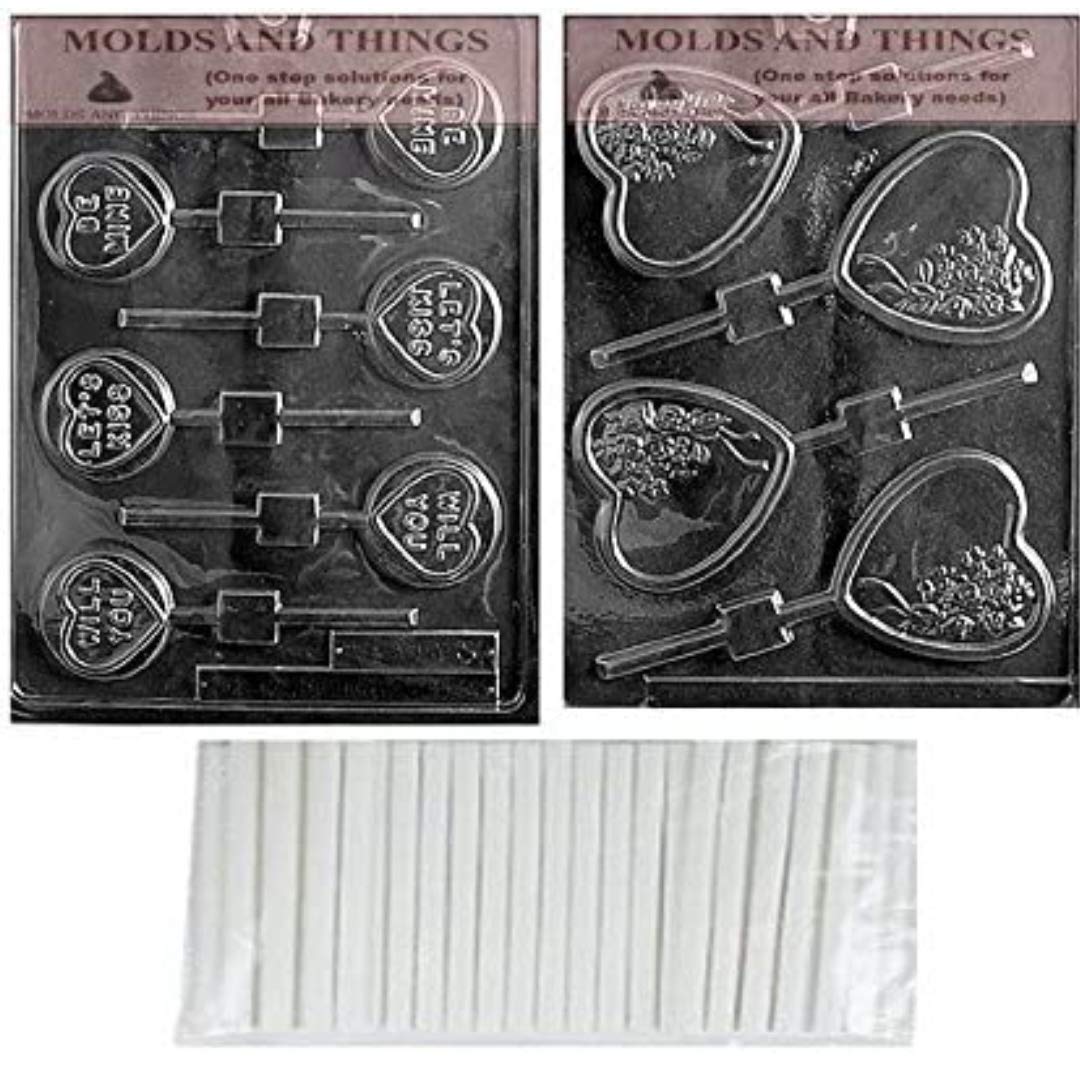 Heart with Bouquet & Will You Be Mine Chocolate Candy Molds - Set of 2 Romantic Silicone Molds with 25 Sticks for Valentine's Day, Weddings, and DIY Candy Making