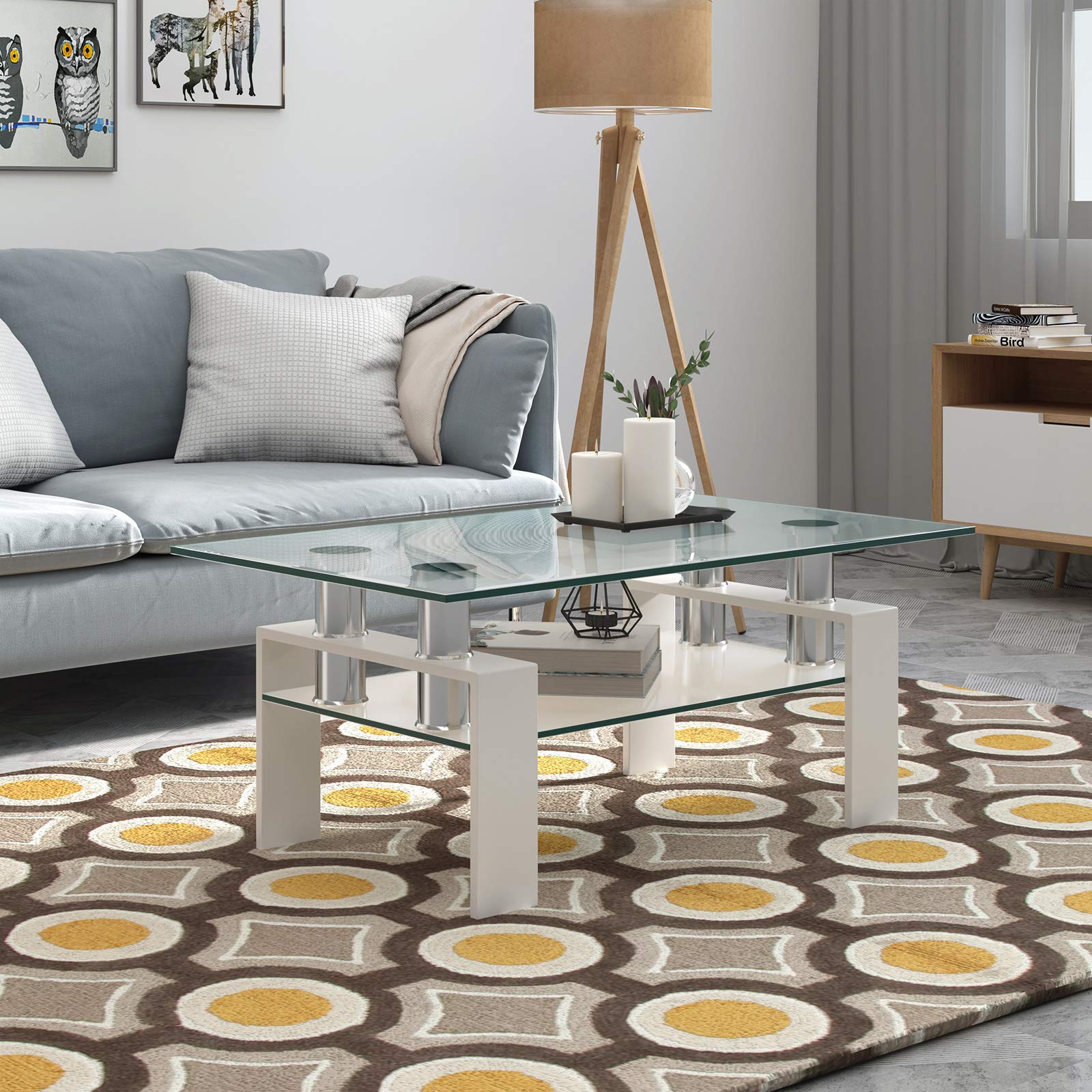 Tangkula Modern Rectangular Glass Coffee Table with Lower Shelf - Tempered Glass Top & Sturdy Metal Legs - Perfect for Living Room, Office, or Lounge (White)