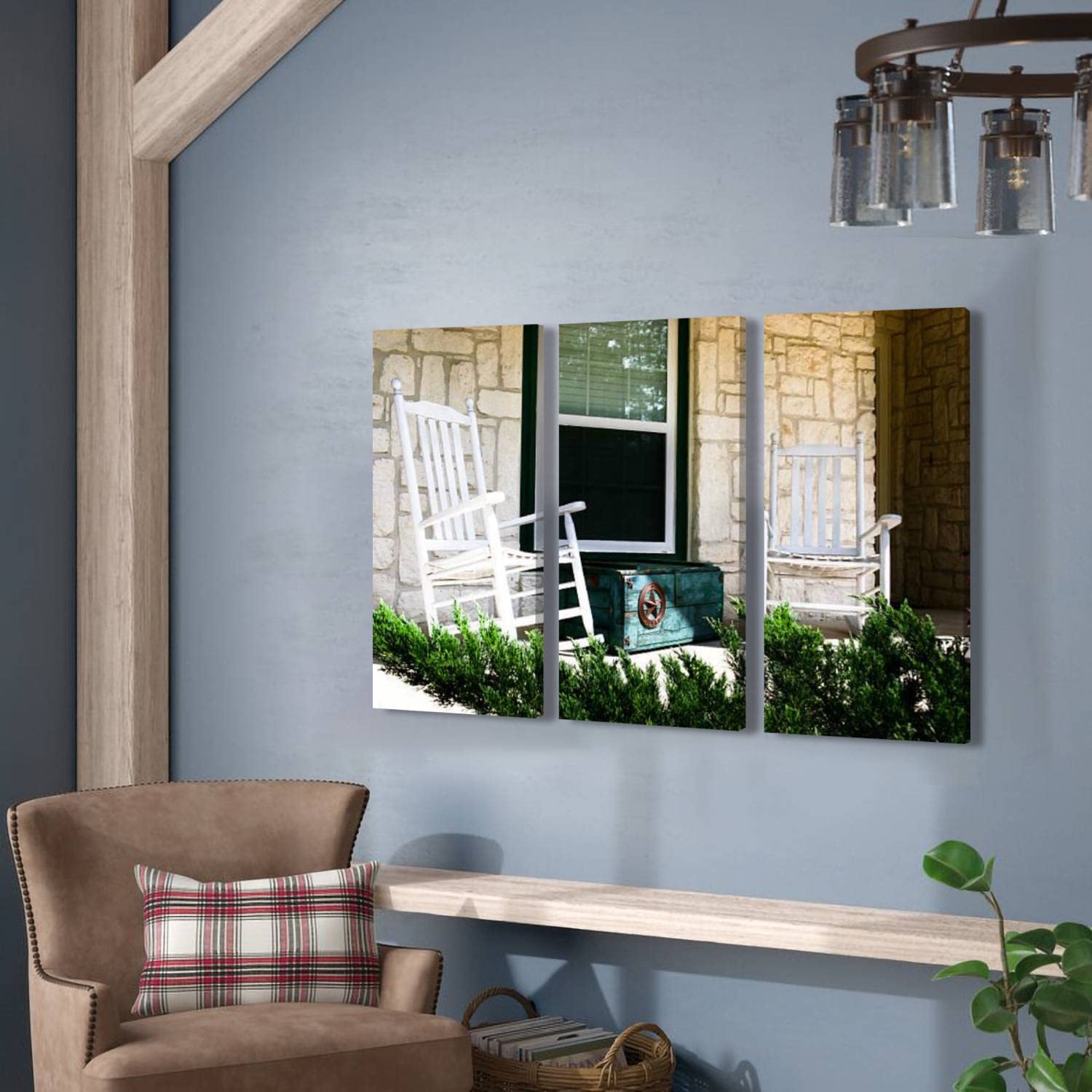 3 Piece Canvas Wall Art Prints - Modern Framed Painting for Living Room, Office, Porch - Ready to Hang Home Decor (Wooden Box & Rocking Chairs Scene) | Perfect for Farmhouse, Coastal, or Rustic Interior Design