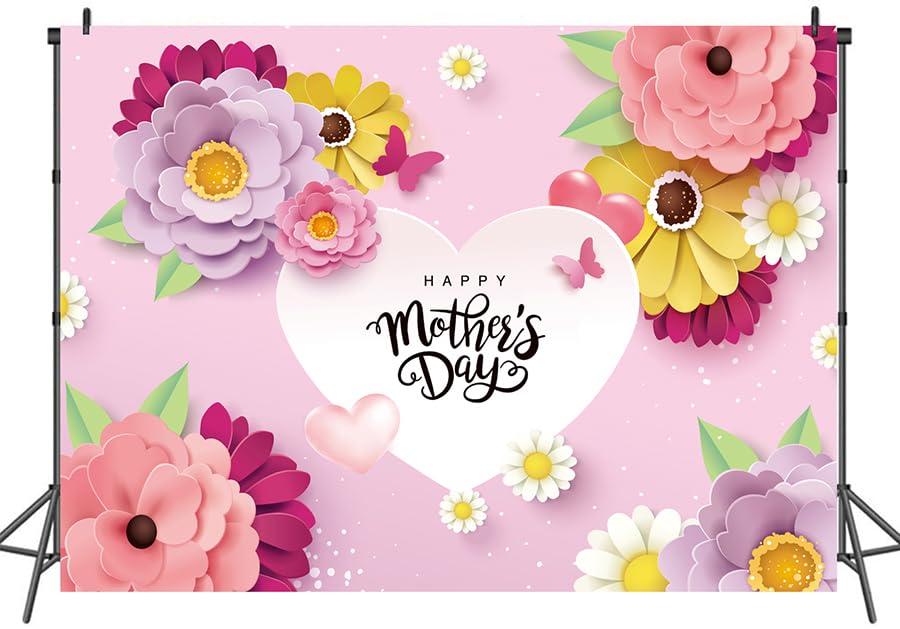 8x6ft Happy Mother's Day Photography Backdrop - Floral Heart Design Photo Background for Mother's Day Brunch, Party Decor, Studio Props - Perfect for Family Photos, Baby Showers & Celebration Events