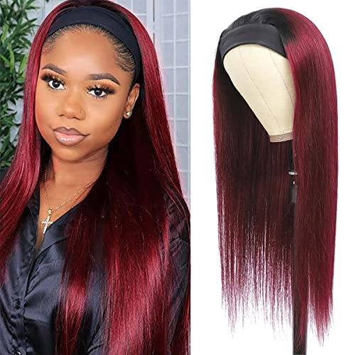 Seelaak 150% Density Ombre 99J Headband Wig for Black Women - Human Hair No Lace Front Scarf Wig, Glueless Remy Hair in Wine Red Straight 16 Inch - Perfect for Daily Wear, Parties & Special Occasions