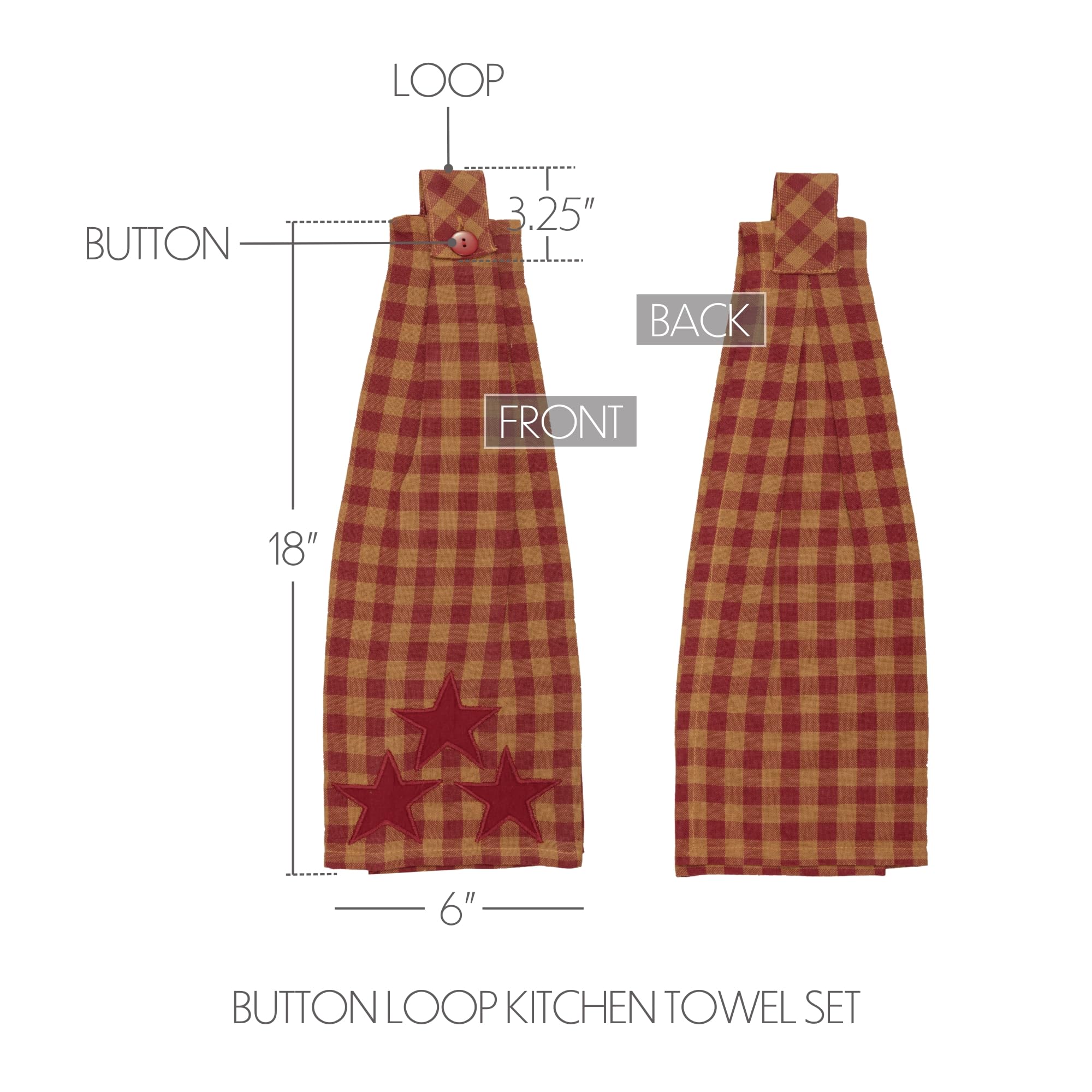 VHC Brands Star Cotton Primitive Tabletop Fabric Loop Appliqued Kitchen Towel - King Size, Burgundy Red - Perfect for Farmhouse Decor, Rustic Kitchen & Holiday Table Settings