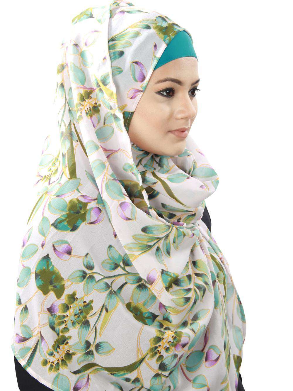 Jouri White Floral Print Georgette Hijab Scarf - Lightweight Muslim Headscarf for Women - Perfect for Prayer, Work & Special Occasions