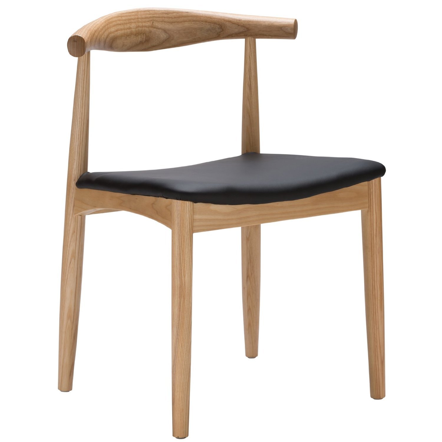 Modern Hans Wegner Style Elbow Dining Chair - Black Faux Leather Seat with Natural Ash Wood Frame - PU Cushion - Perfect for Kitchen, Dining Room & Office (Set of 1)