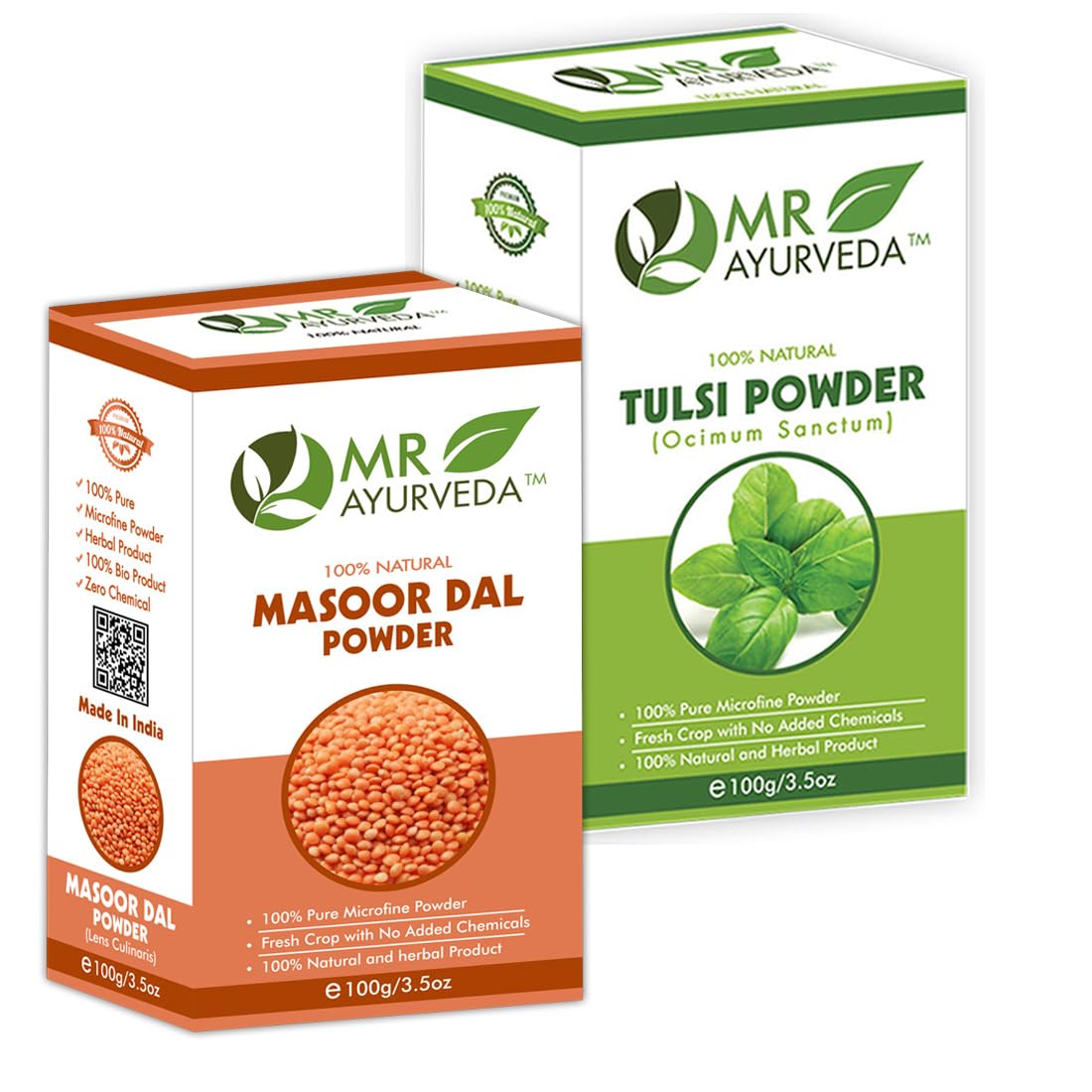 Organic Masoor Dal Powder & Tulsi Powder Combo - 100% Natural Ayurvedic Superfood (Pack of 2, 200g Each) | Vegan Protein Source for Smoothies, Detox Drinks & Skin Care Recipes