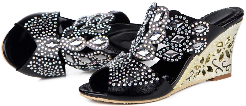 LizFoYa Women's Rhinestone Slip-On Wedge Heel Sandals - Comfortable Casual & Evening Shoes for Summer, Parties, Weddings & Date Nights