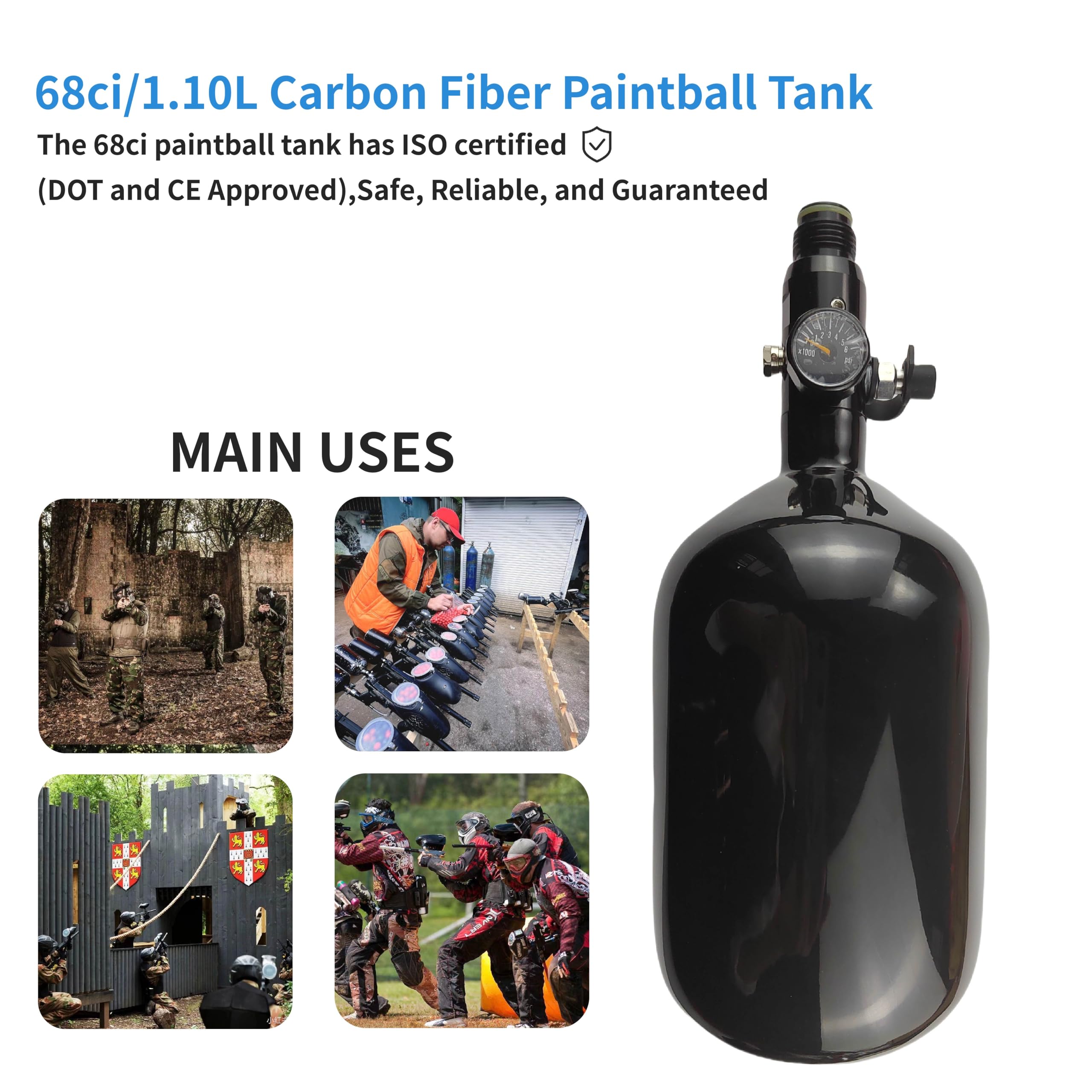 DOT 68ci 4500psi Carbon Fiber Paintball PCP Air Tank with 800Psi Regulator - HPA Tank for Paintball Guns, PCP Air Rifles & Airsoft (2024 Model) | Perfect for Competitive Paintball, Target Shooting & Outdoor Airsoft Battles