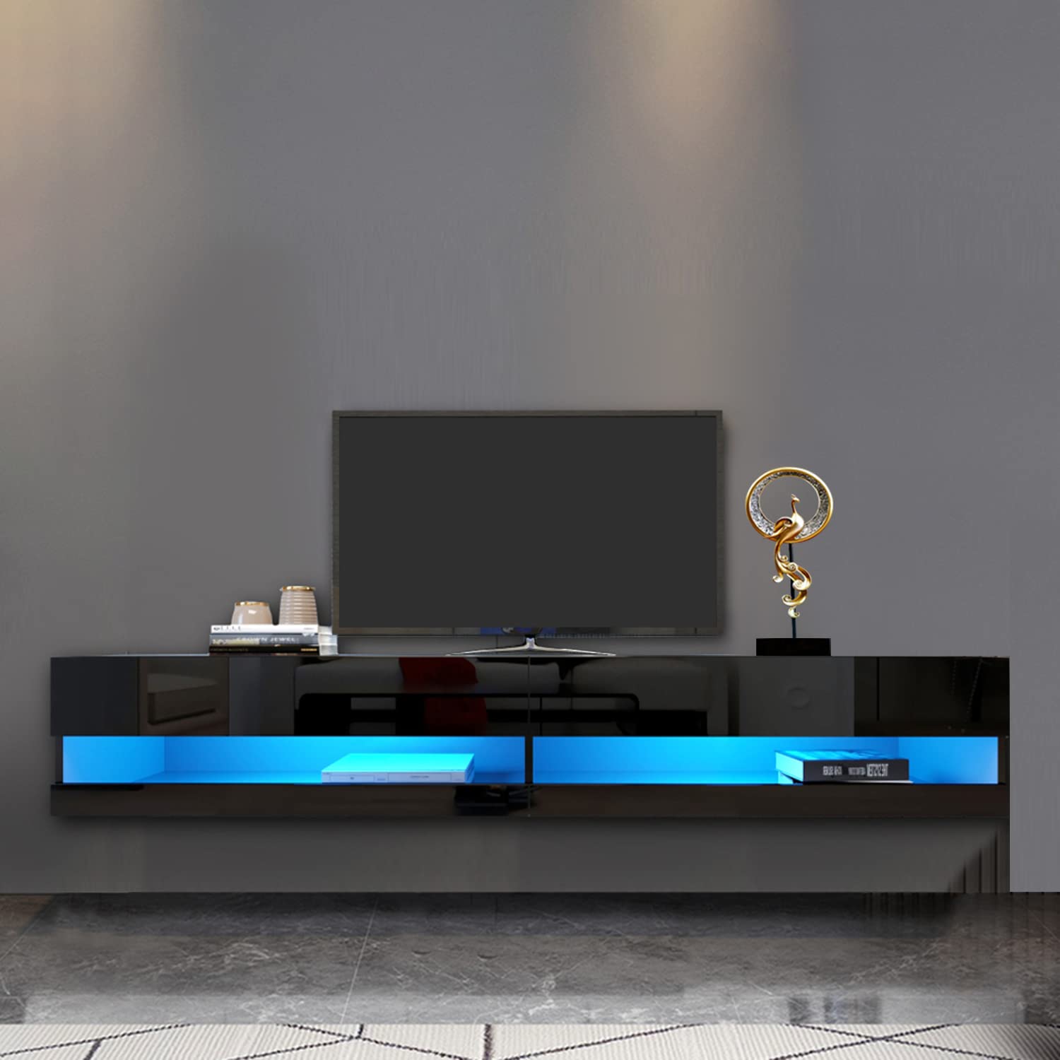 Kennkari Floating TV Stand Wall Mount with Shelves - Large Black Modern Media Console for 65-80 Inch TVs - Space-Saving Wall Mounted Entertainment Center with Storage - Perfect for Living Room, Bedroom & Home Theater Setup