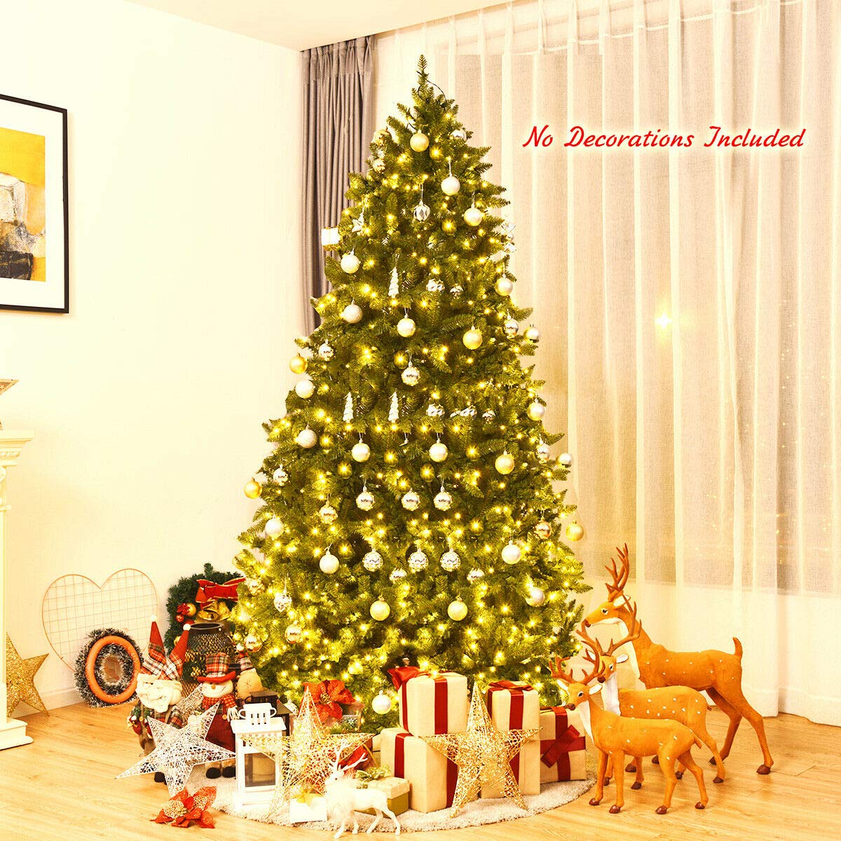 Goplus 7.5ft Pre-Lit Christmas Tree with 600 LED Lights - Premium Hinged Artificial Fir Tree with Metal Stand - Easy Assembly Holiday Decor for Home, Office & Party Decorations