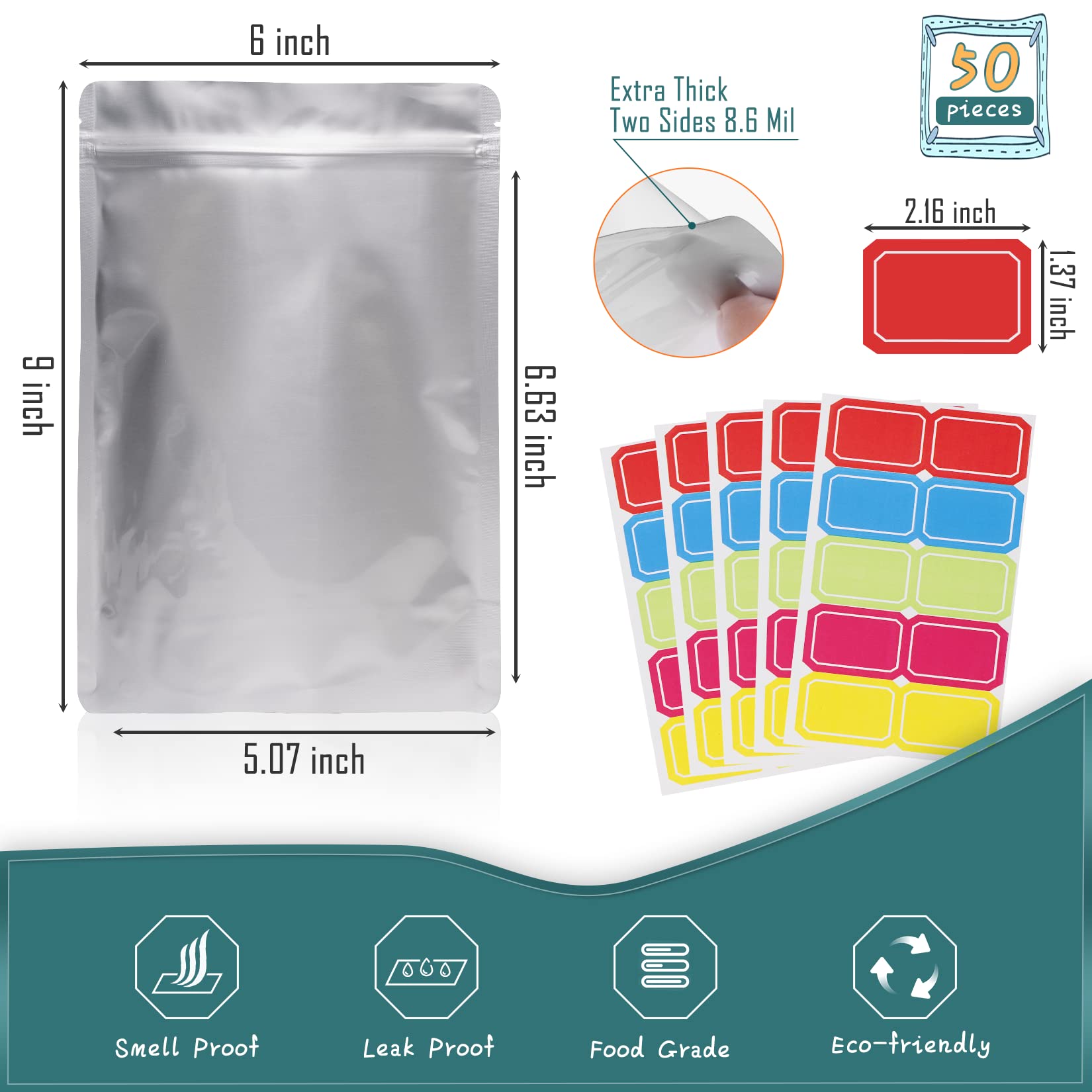 50 Pack 7.8 Mil 4''x6'' Mylar Bags for Long-Term Food Storage - Resealable, Smell Proof & Heat Sealable Stand-Up Foil Pouch Bags with 50 Labels - Perfect for Tea, Coffee, Herbs, Spices & Dry Food Storage - Ideal for Home, Camping & Emergency Preparedness