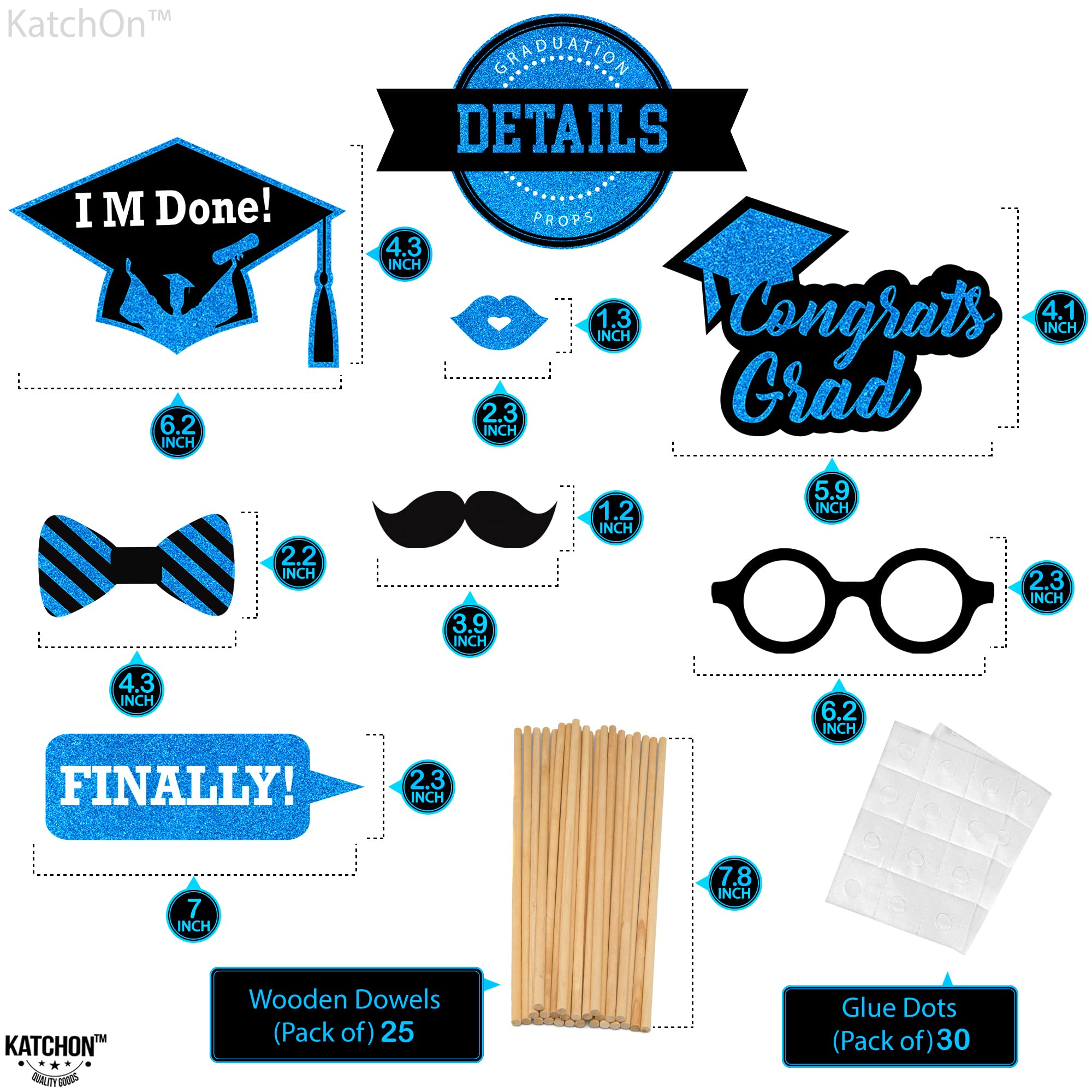KatchOn 2025 Graduation Photo Booth Props - 21-Piece Glitter Decor Set for Class of 2025 | Blue Graduation Party Supplies, Photo Shoot Accessories & Celebration Favors | Perfect for Graduation Ceremonies, Parties and Memory Keepsakes