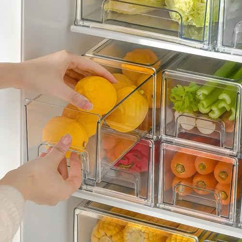 2-Pack Clear Stackable Refrigerator Drawer Organizers - Plastic Food Storage Bins for Fridge, Pantry, Kitchen & Bathroom | Space-Saving Organizer for Fruits, Vegetables, Snacks & Office Supplies (X-Small)