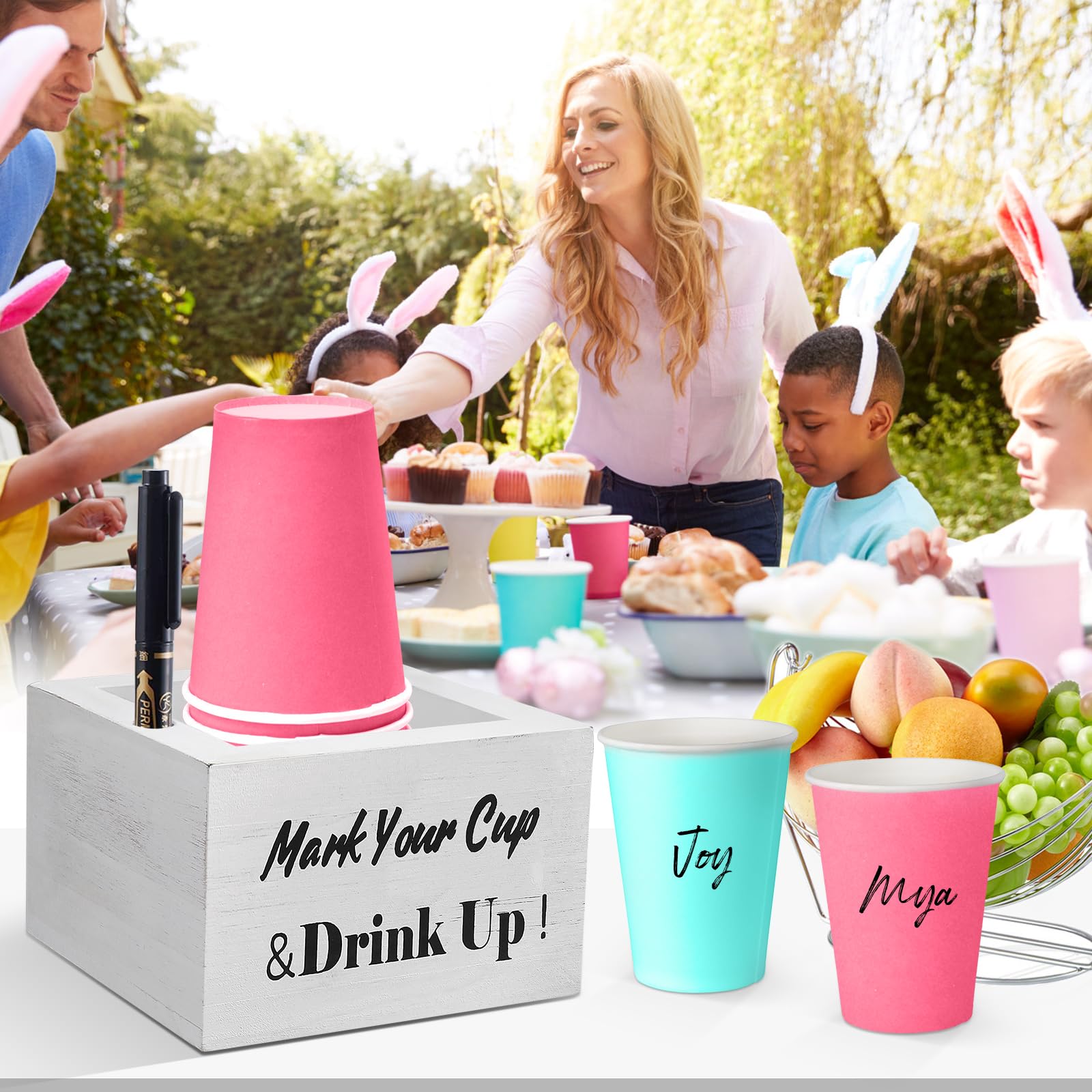 Rustic Wooden Cup Holder with Marker Slot - Disposable Party & Wedding Cup Holder for Bar, Kitchen, Countertop, Home & Office - Perfect for Events, Gatherings, and Daily Use (White)