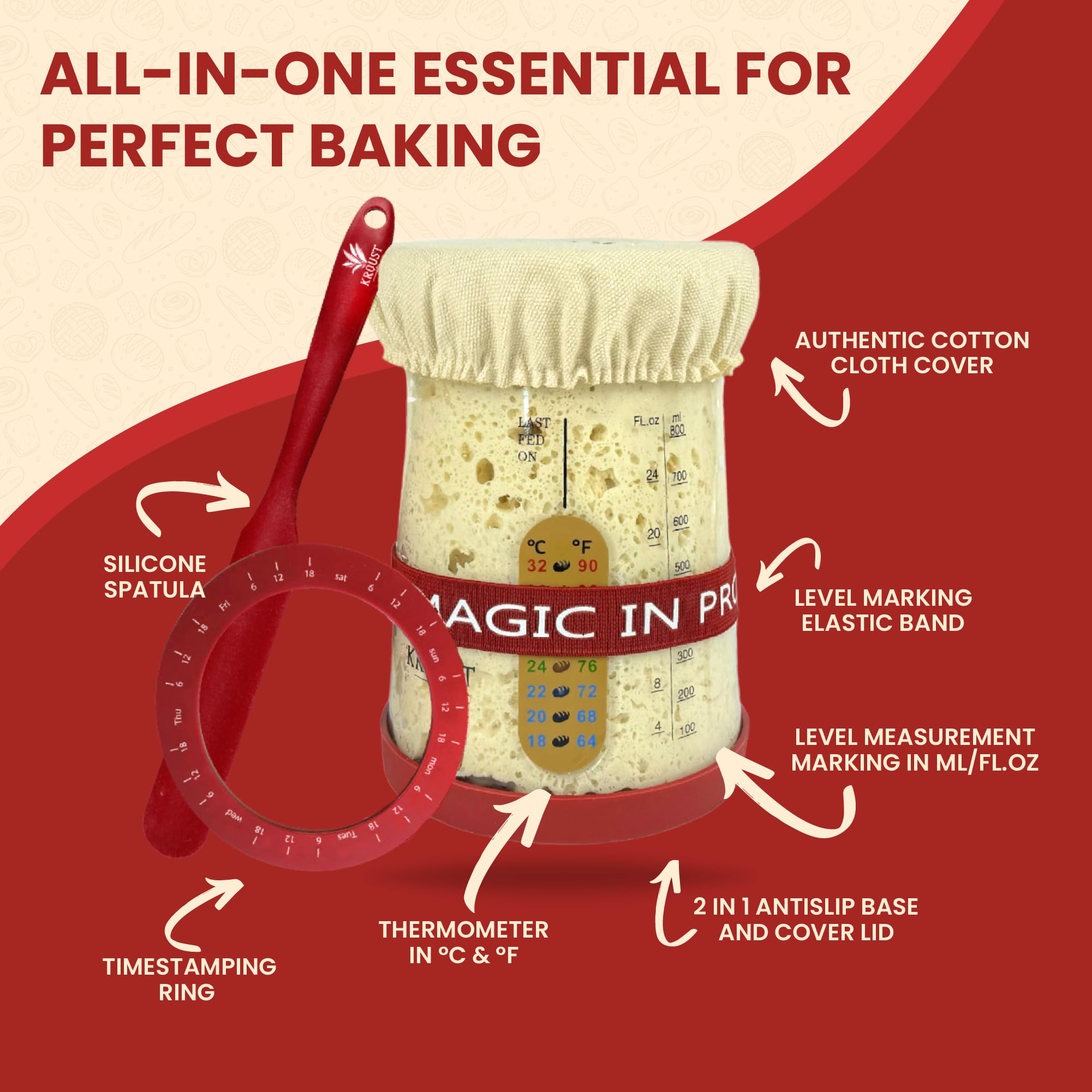 Organic Sourdough Starter Kit for Bread Baking - Includes Glass Jar, Feeding Band, Recipe Book & Baking Thermometer - Complete DIY Bread Making Supplies for Homemade Artisan Loaves - Perfect for Beginners & Home Bakers (Ideal for Gifts, Family Baking & Kitchen Experiments)