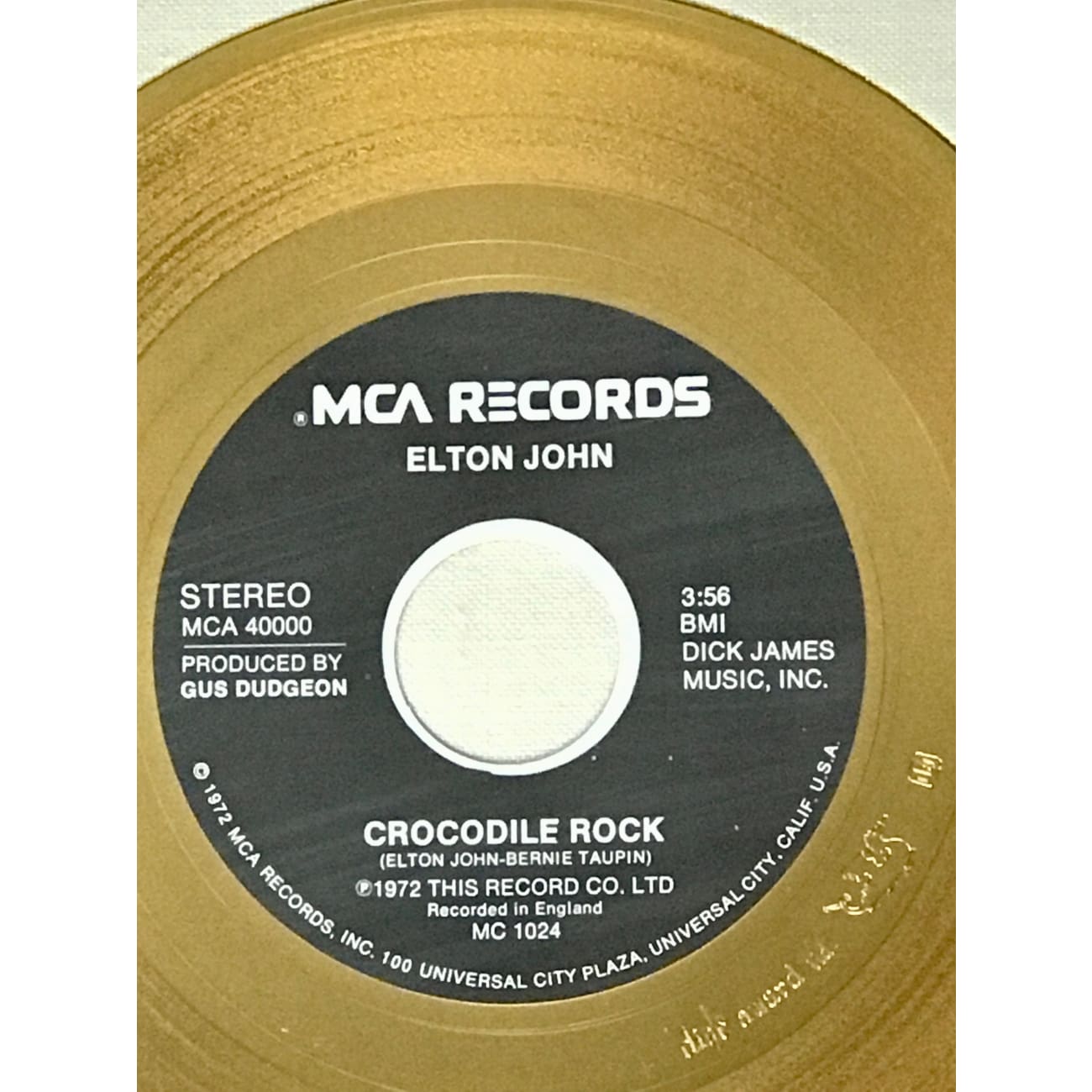 Elton John Crocodile Rock White Matte RIAA Gold 45 Award - Rare Collectible Vinyl Record for Music Enthusiasts & Home Decor