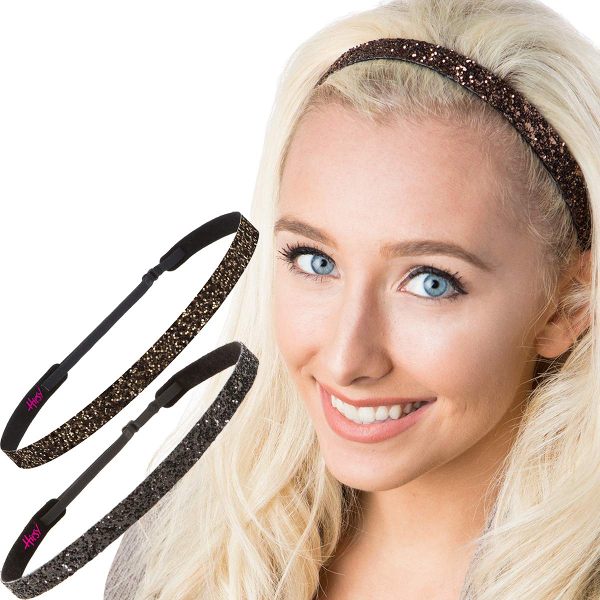 Adjustable No-Slip Sparkly Glitter Headbands for Women, Girls & Teens - 2 Pack Petite Hair Accessories for School, Sports & Everyday Wear