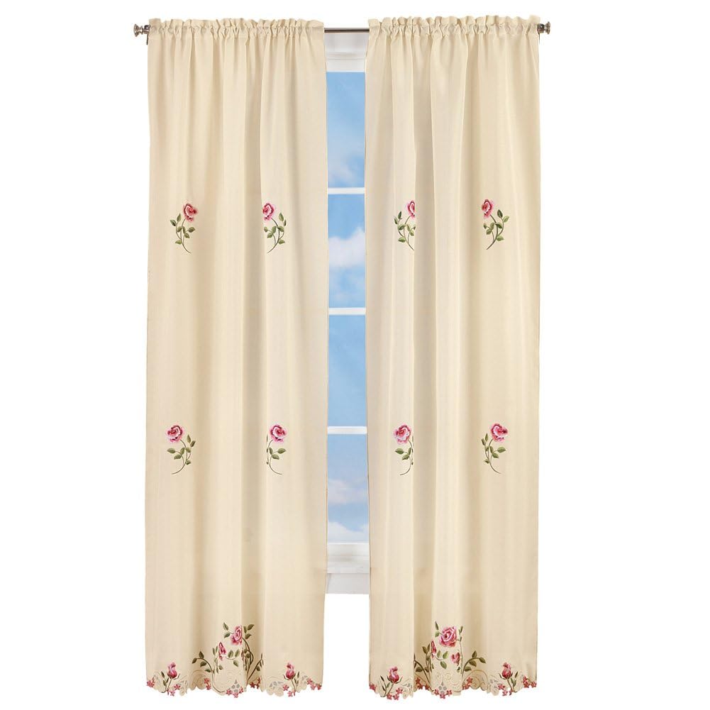 Elegant Pink Rose Floral Embroidered Curtains Drapes - Ivory & Rose 84