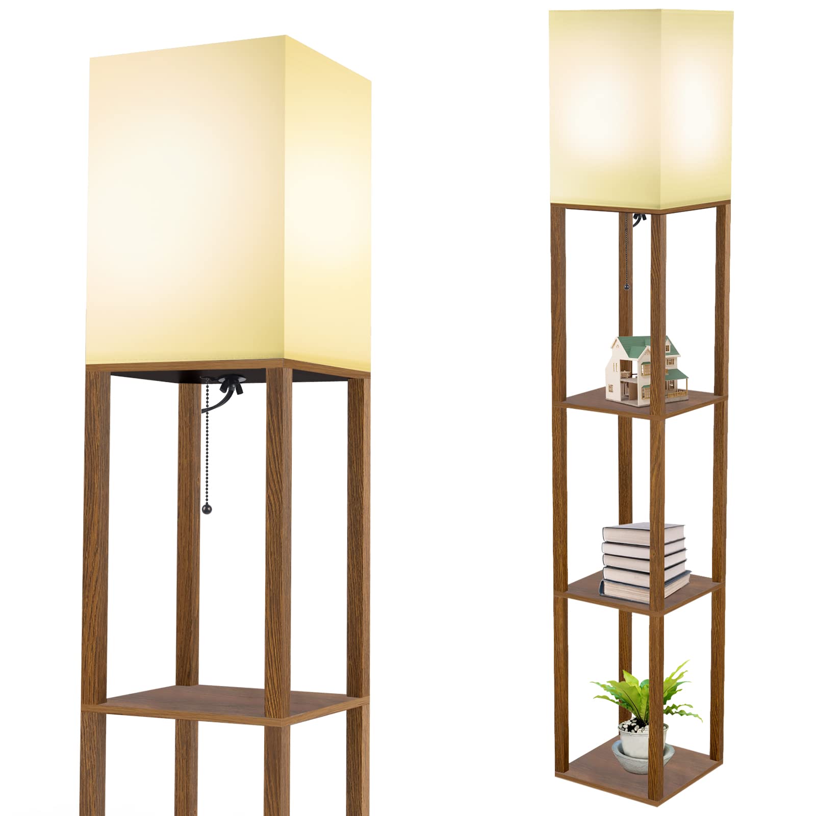 MOFFE Modern Column Floor Lamp with 3-Tier Shelves - 9W LED Bulb Standing Light with Storage Display - Space-Saving Narrow Corner Lamp for Bedroom, Living Room, Office - Walnut Finish - Perfect for Reading, Nightstand Lighting & Home Decor