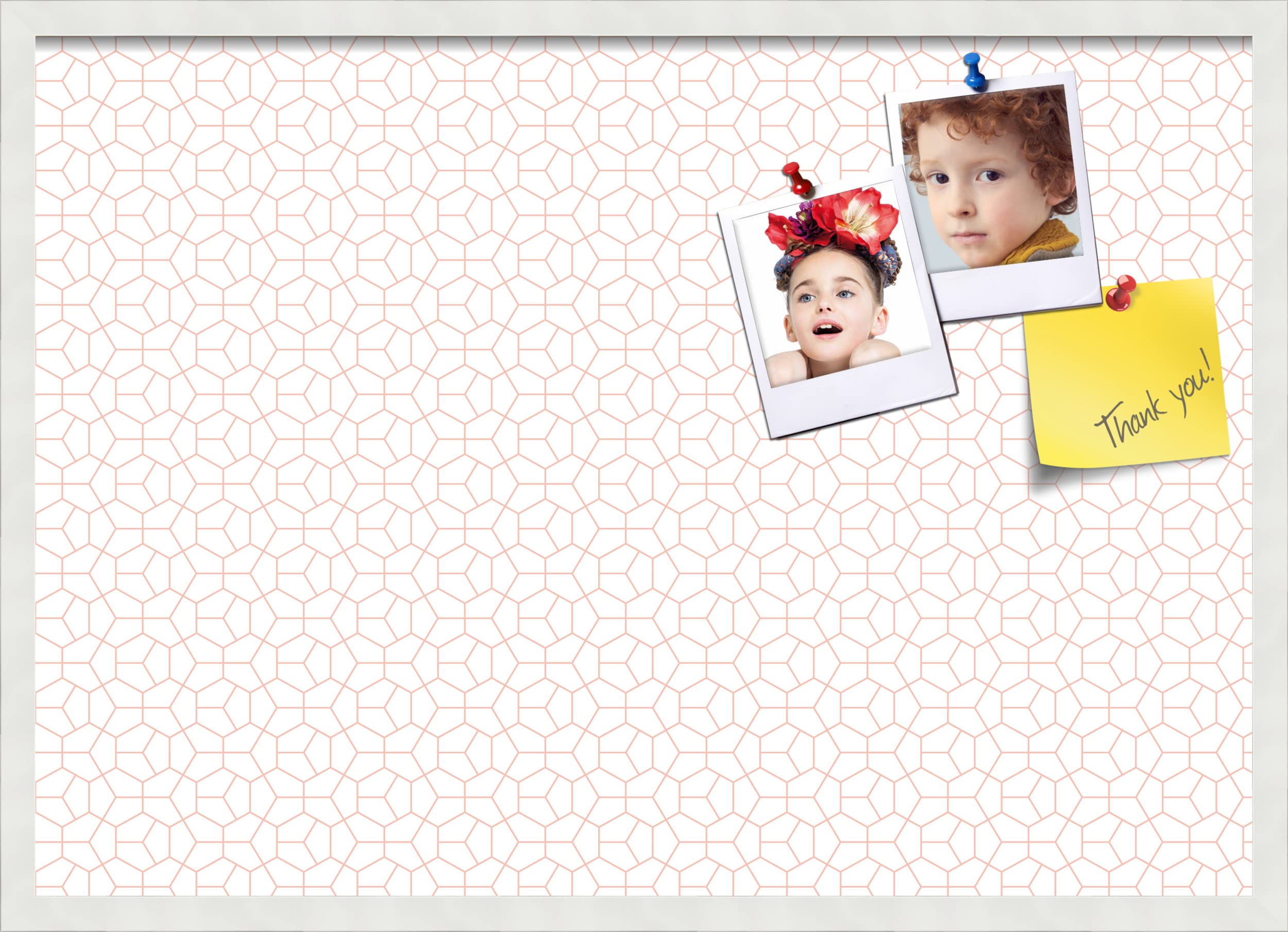 PinPix 34x24 Inch Cork Bulletin Board with Hex Grapefruit Design & White Frame - Stylish Wall Memo Board for Home Office Decor, School Classroom, Dorm Room Organization - Perfect for Notes, Photos, Reminders & Inspirational Displays (PinPix-1636)