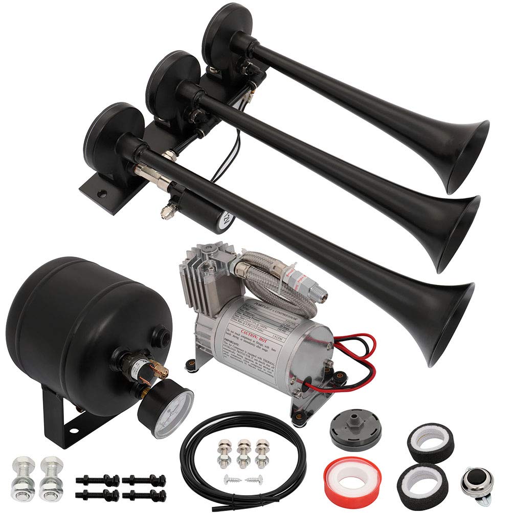 150DB 3 Trumpet Electric Train Air Horn Kit with 150PSI Compressor & 0.5 Gallon Tank - Universal Fit for Trucks, Cars, Boats, Vans - Loud Warning System for Emergency, Off-Roading, Marine & Vehicle Safety - Easy DIY Installation
