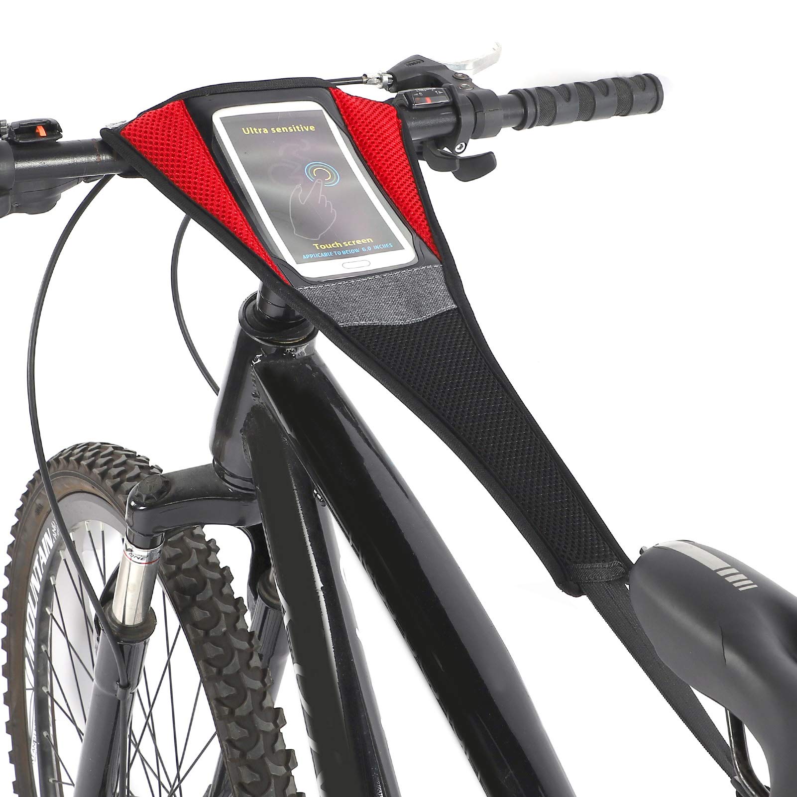 Waterproof Denim Bike Frame Sweat Guard with Phone Pouch - Black & Red - Indoor Cycling Sweat Absorber for Mountain & Road Bikes - Perfect for Training, Commuting & Fitness Rides