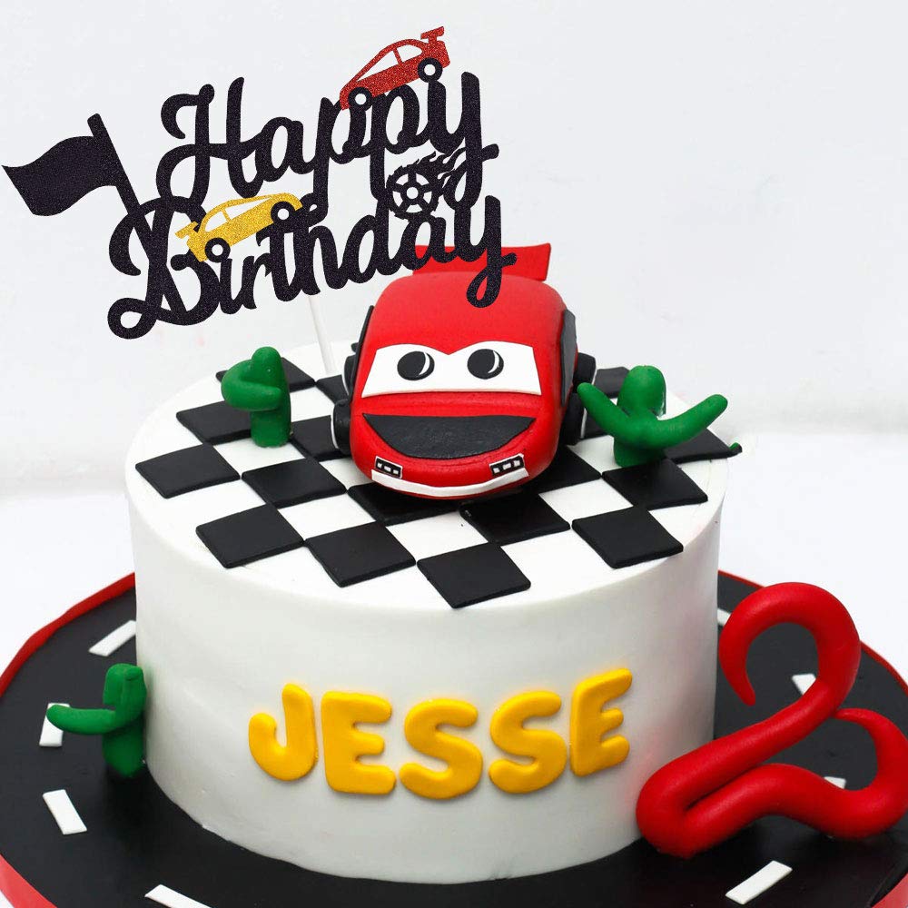 Marwey Race Car Birthday Cake Topper - Happy Birthday Cake Decor with Chequered Flag Design - Double-Sided Party Supplies for Kids' Race Car Themed Birthday Celebrations
