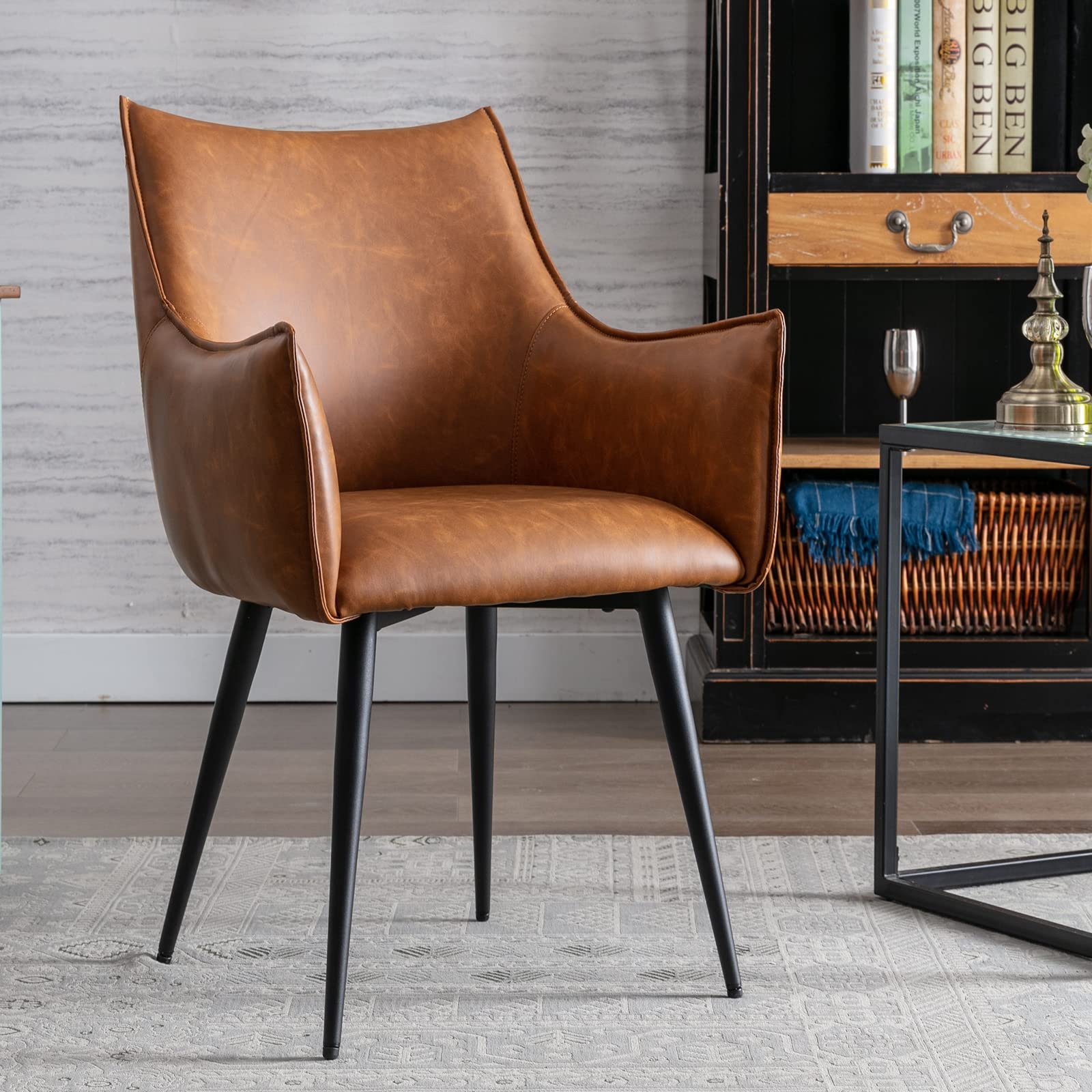 Guyou PU Leather Accent Chair with Arms - Brown Upholstered Desk Chair for Living Room, Bedroom & Office - Comfortable Side Chair with Sturdy Metal Legs for Small Spaces, Kitchen Corner & Home Decor