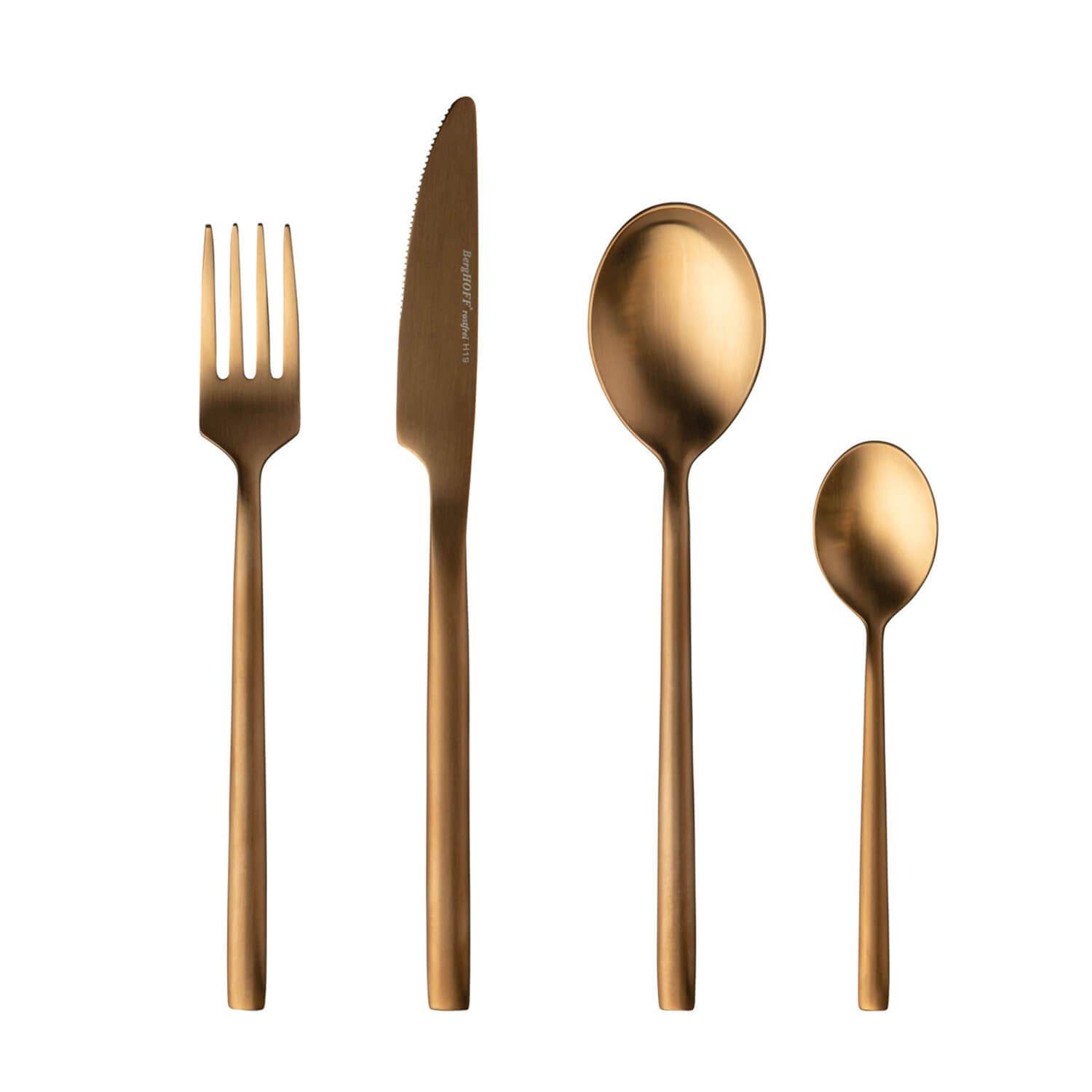 BergHOFF GEM 16-Piece Gold Plated Flatware Set - 18/10 Stainless Steel Cutlery for Formal Dining, Wedding Gifts & Luxury Table Settings