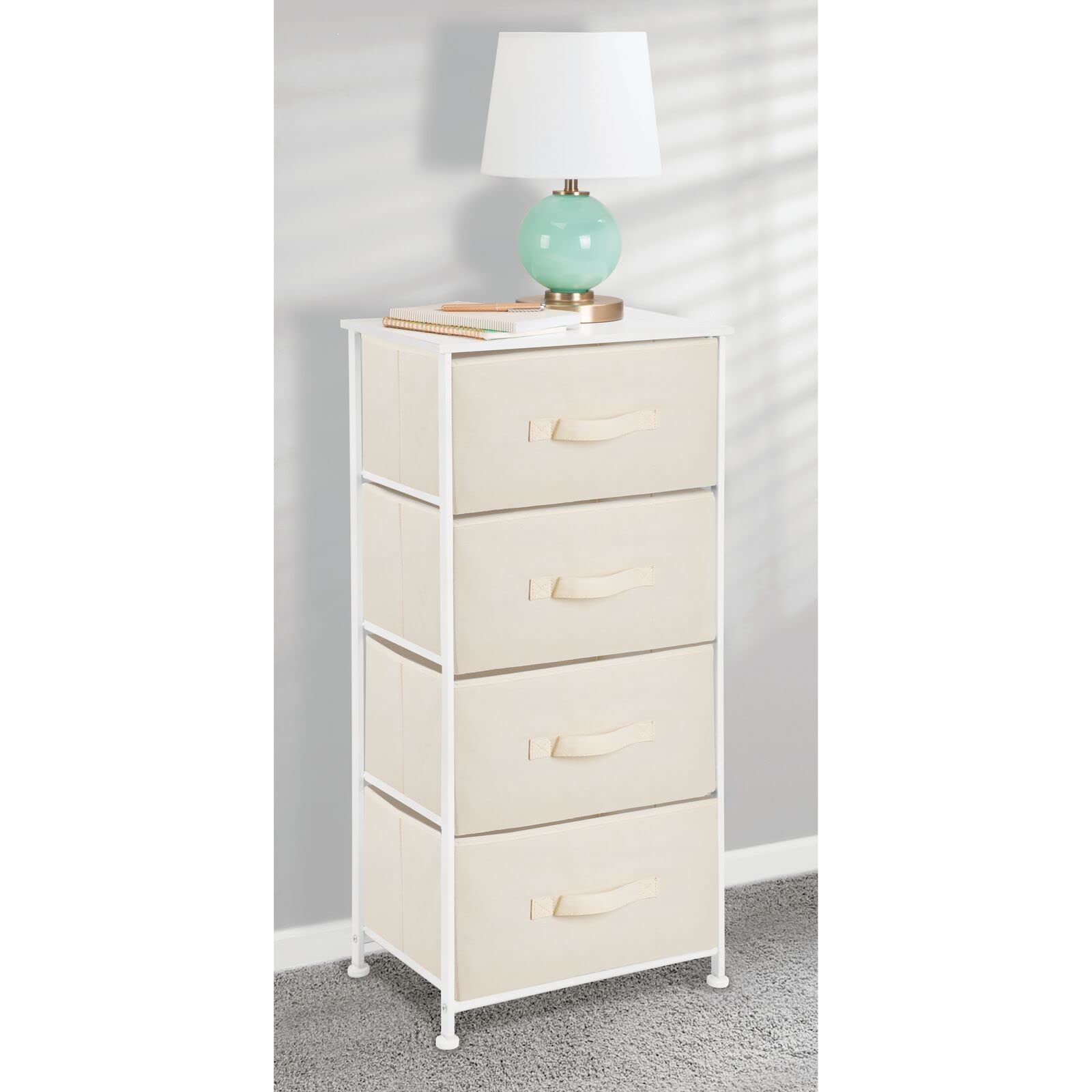 mDesign 4-Drawer Fabric Storage Tower Organizer - Steel Frame & Wood Top Dresser for Bedroom, Closet, Entryway - Jane Collection in Cream/White | Perfect for Small Space Organization & Home Decor