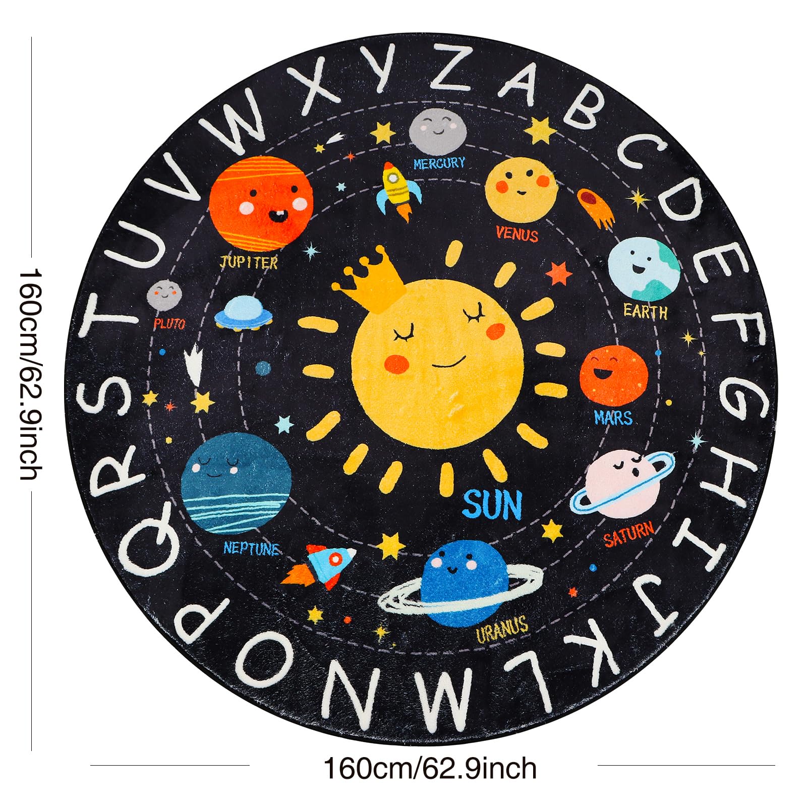 AKASISRUG Solar System Educational Rug for Kids - 5.2 FT Round Washable ABC Learning Carpet for Nursery & Playroom - Perfect for Space-Themed Bedrooms and Toddler Play Areas