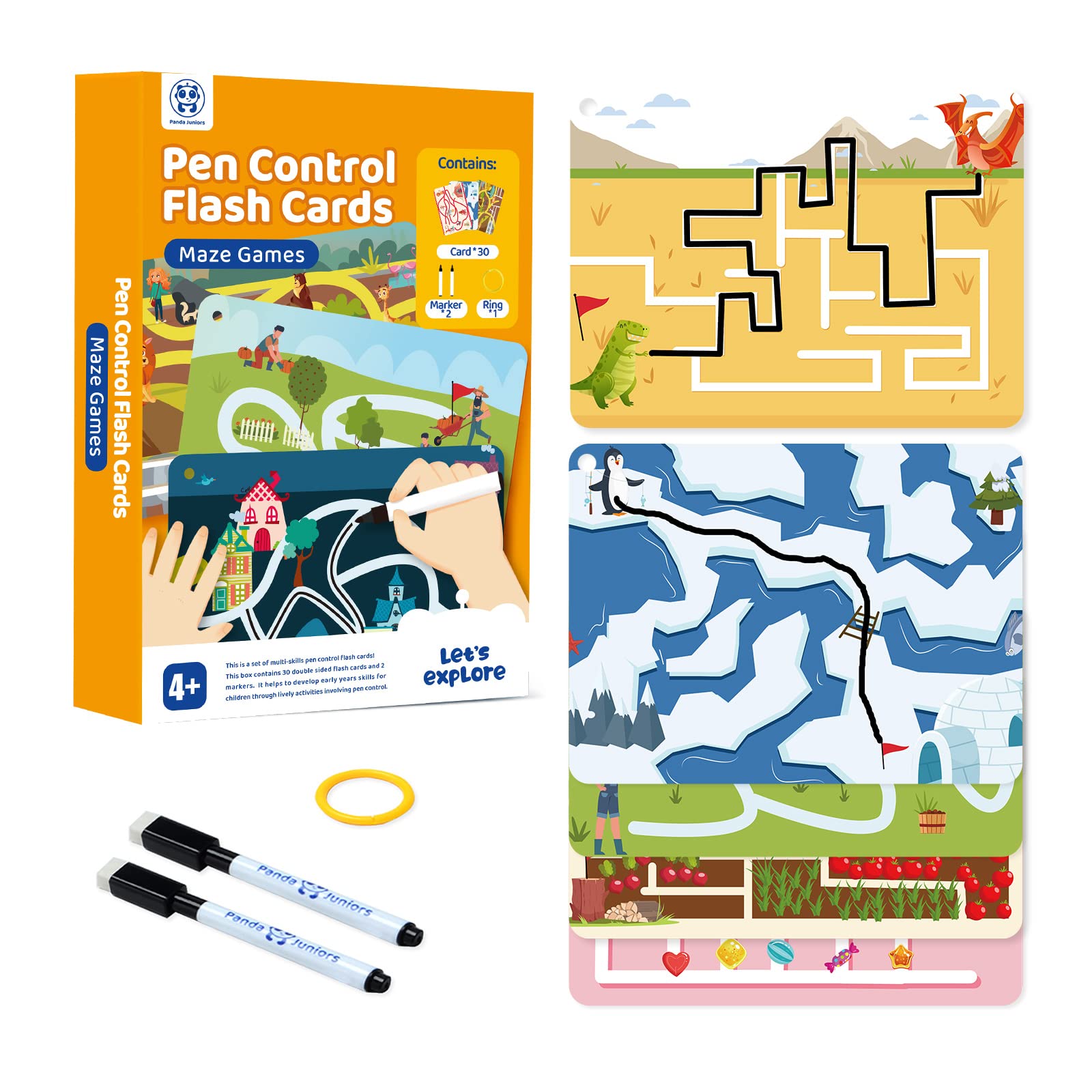 Panda Juniors Maze Game Set for Kids Ages 4-8 - 30 Reusable Write & Wipe Flash Cards with 2 Markers - Preschool Learning Activities for Handwriting, Pen Control & Problem Solving - Perfect for Classroom, Travel & Home Education (Includes Storage Ring)