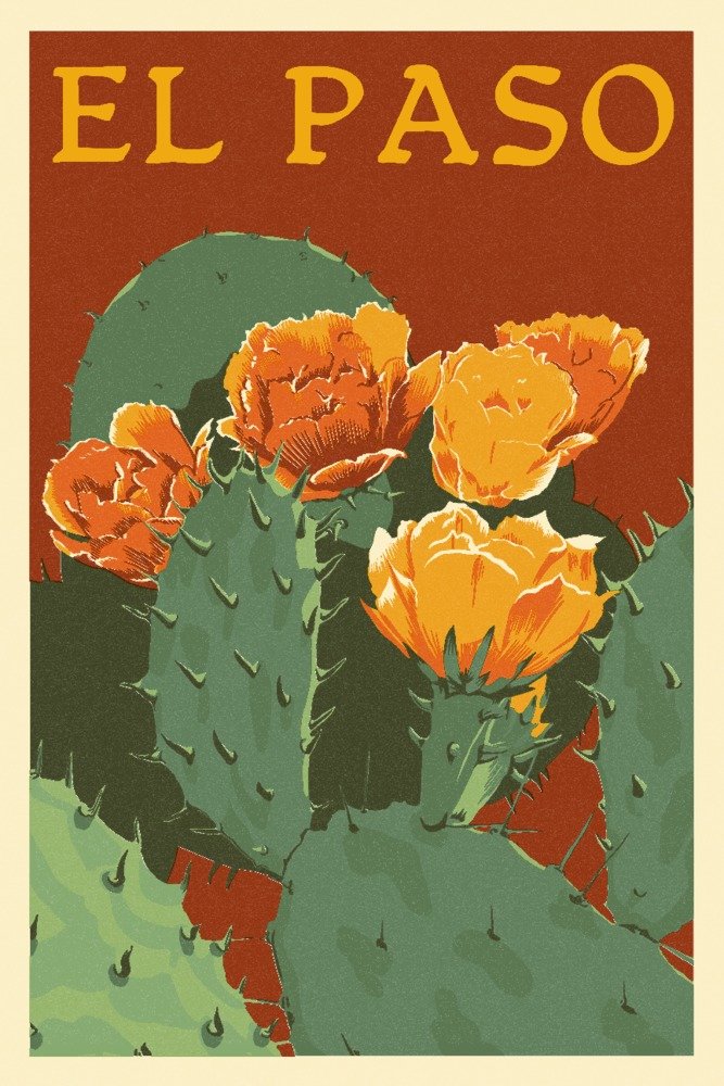 El Paso Prickly Pear Cactus Letterpress Art Print - Signed 24x36 Wall Decor Poster | Southwestern Home & Office Decor, Desert Theme Interior Design