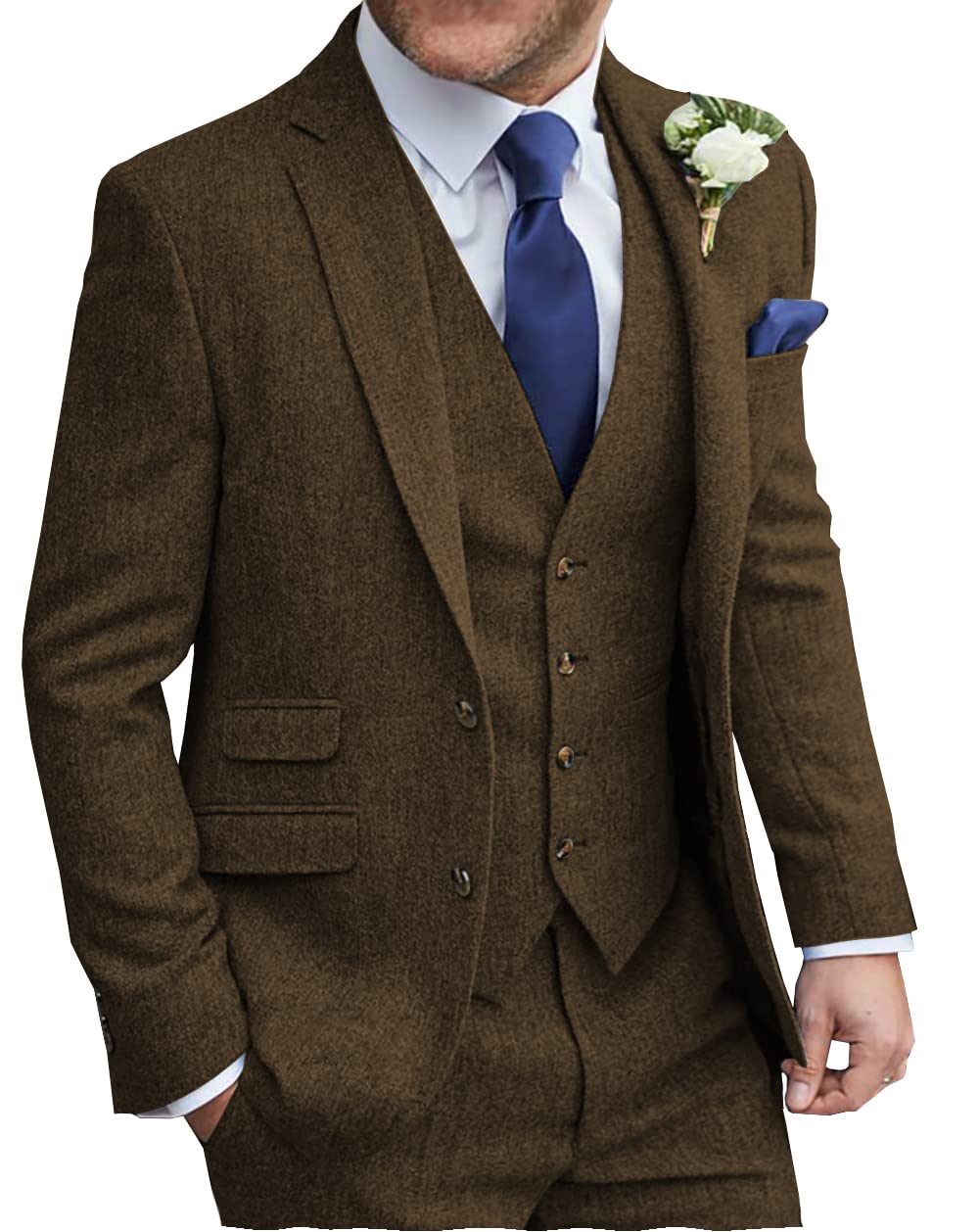 MoranX Men's 3-Piece Herringbone Tweed Wool Suit Set - Formal Business Blazer, Vest & Pants for Wedding, Office & Special Occasions | Regular Fit Tuxedo Style Suit